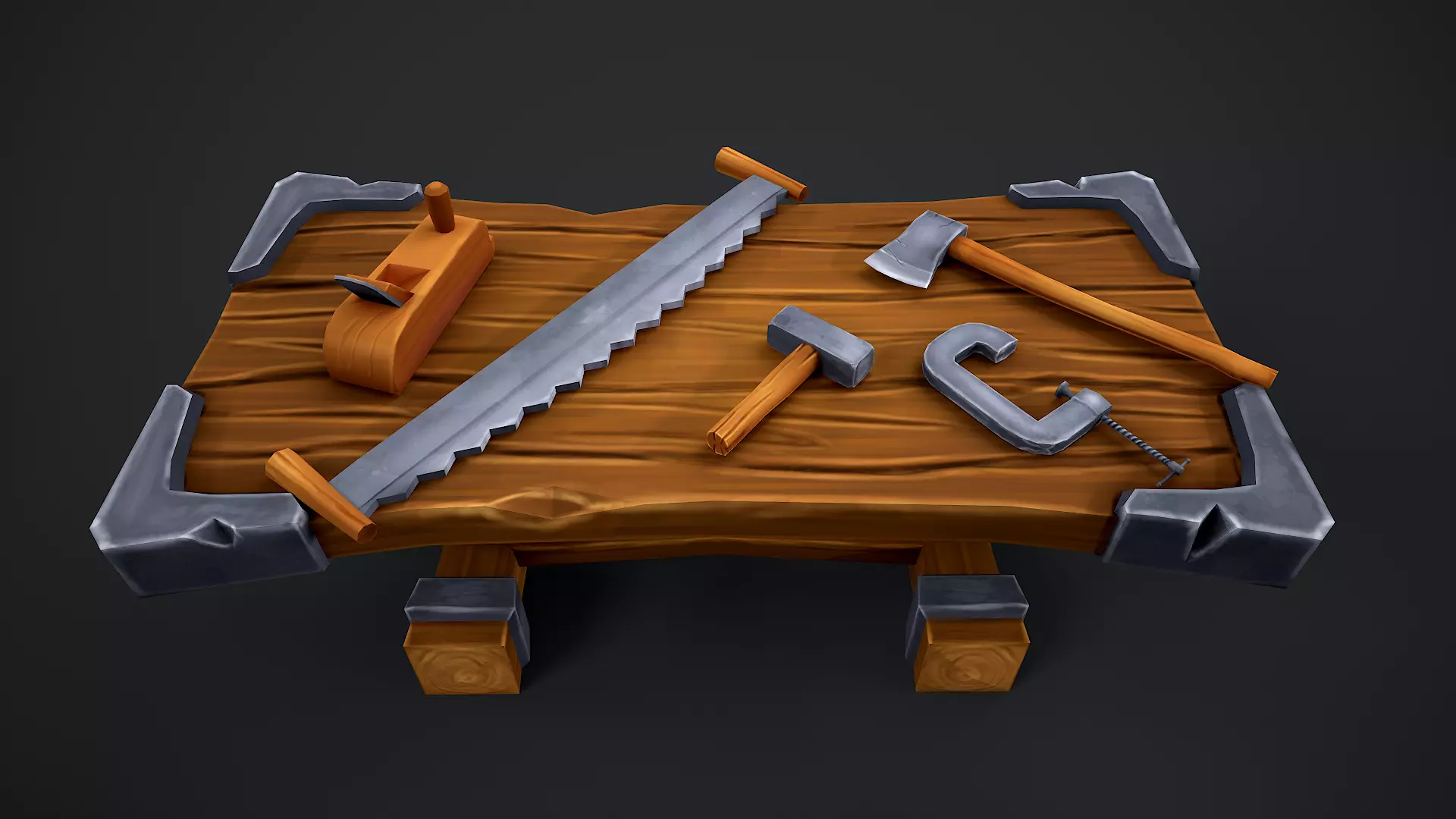 Stylized Carpentry Bench table tools Low-poly 3D model_0