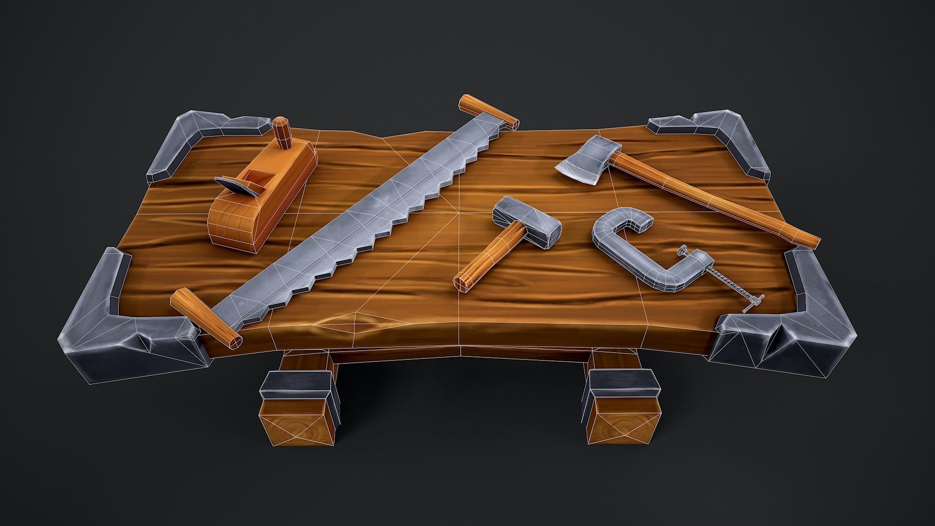 Stylized Carpentry Bench table tools Low-poly 3D model_2