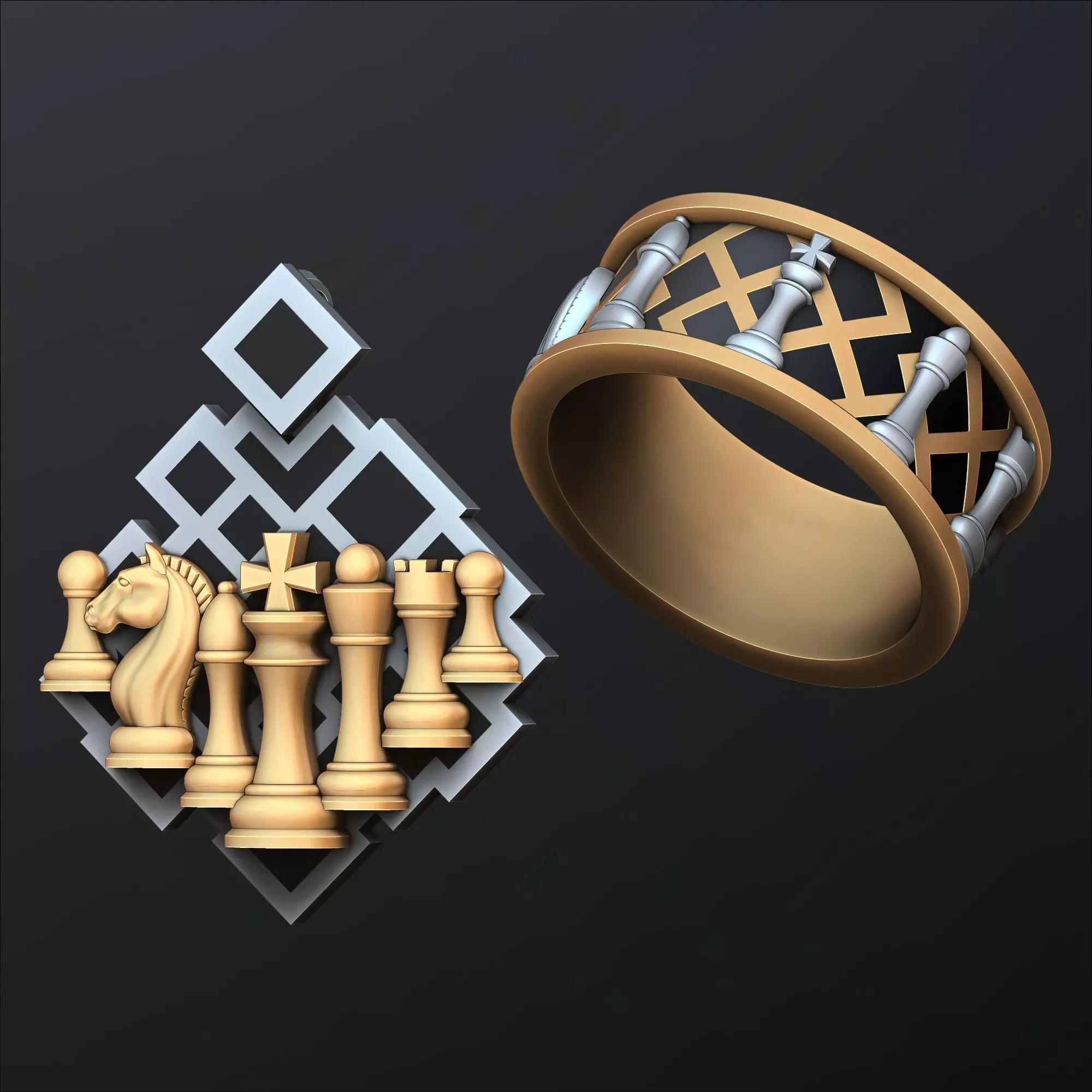 Jewelry Chess Pendant Ring With Enamel Collection Set Pack 3D print model_0