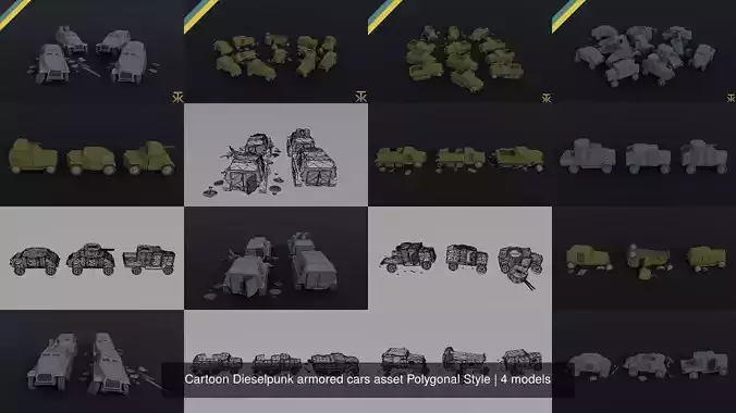 Cartoon Dieselpunk armored cars asset Polygonal Style