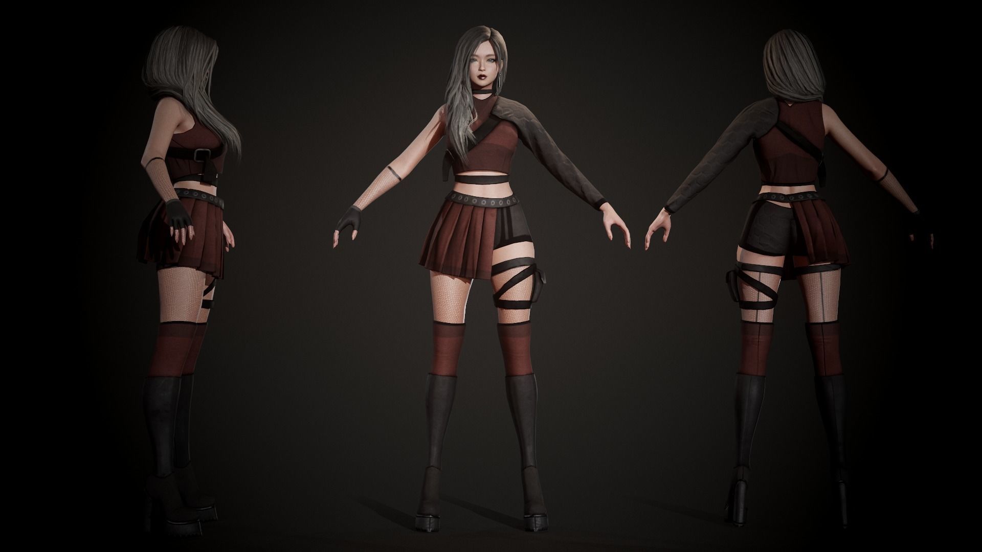 Techwear Girl - Modular Female Character Low-poly 3D model_3