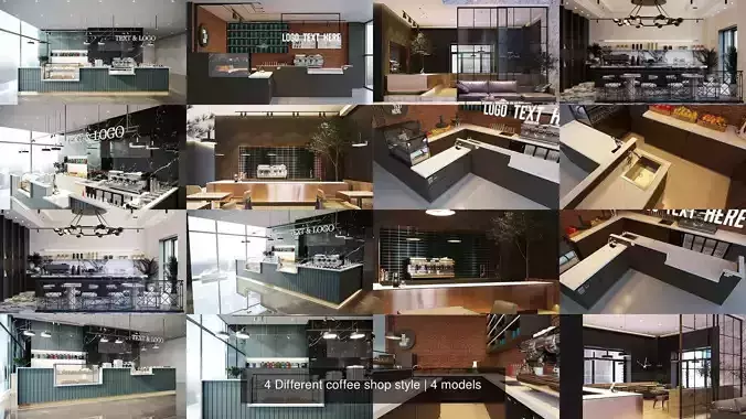 4 Different coffee shop style 3D Model Collection