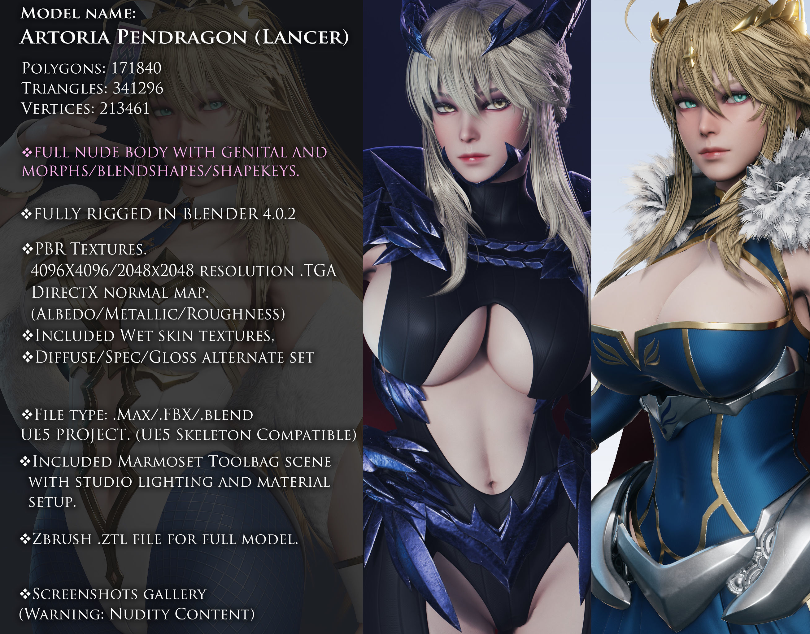 Artoria Pendragon Lancer - Game Ready Low-poly 3D model_3