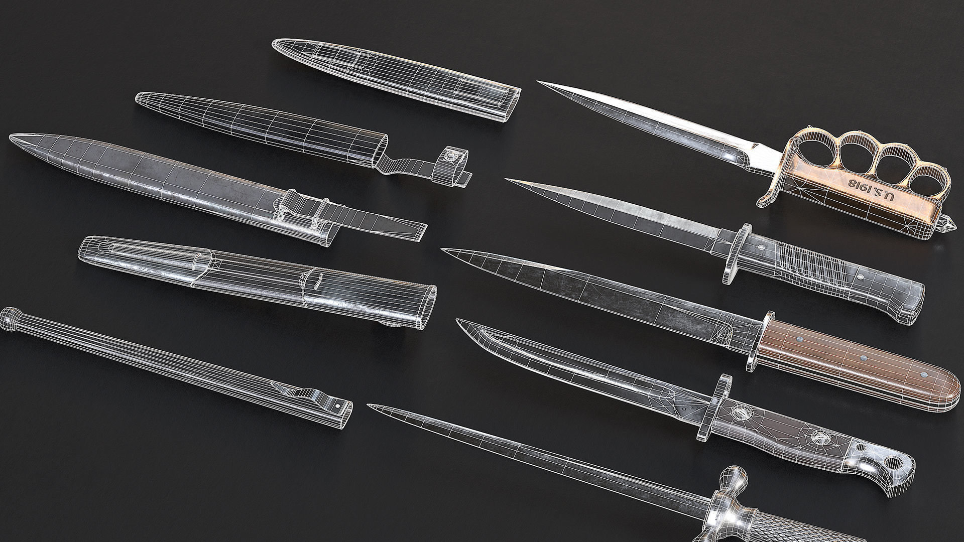 WWI Knives realistic pack 3D model_19