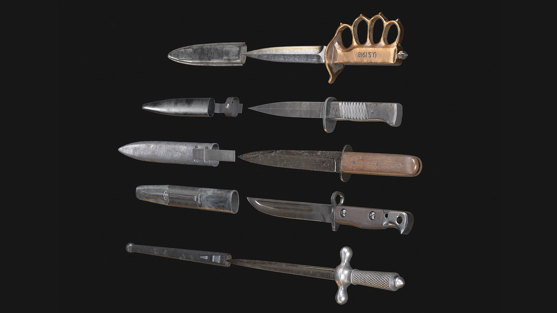WWI Knives realistic pack 3D model_3