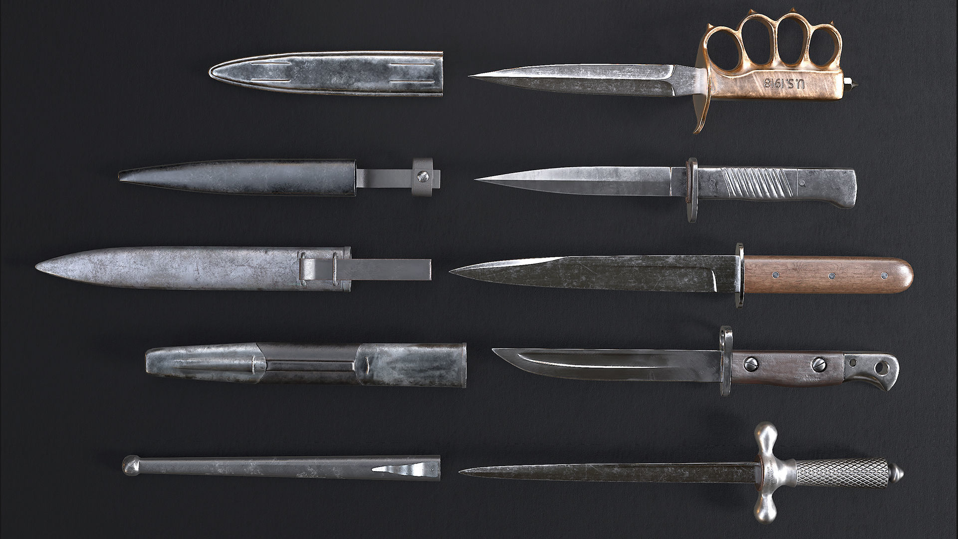 WWI Knives realistic pack 3D model_5