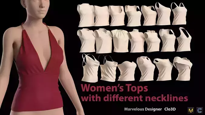 Womens Tops with different necklines 3D model