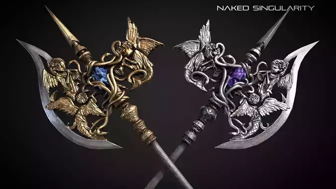 Tri angel halberd Medieval dark fantasy Low-poly 3D model