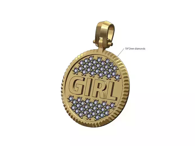 Girl diamond iced fluted bezel pendant with bail 3D print model