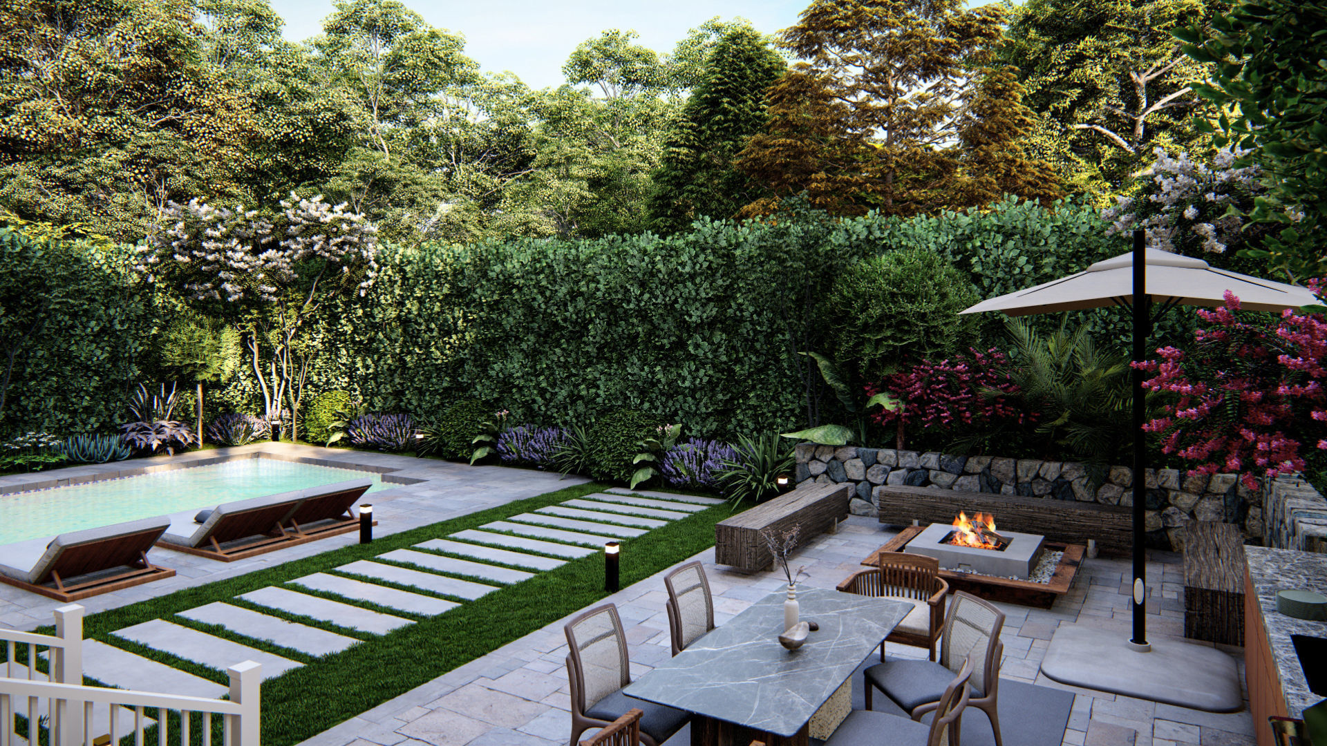  3D Exterior Scene 3D model design backyard garden and landscape 3D model_2