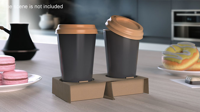 Cardboard Carrier with 2 Coffee Cup 3D model 3