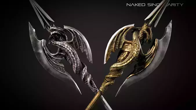 Dragon Halberd Medieval dark fantasy weapon Low-poly 3D model