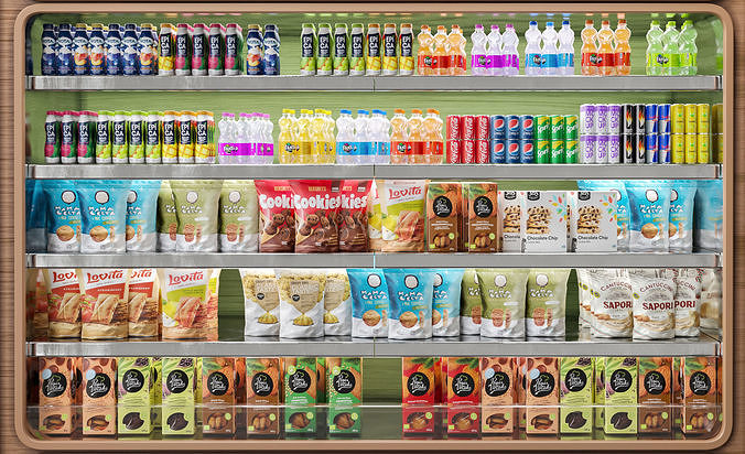 Showcase in a supermarket with drinks sweets and food 3D model 3