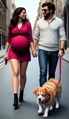 Pregnant Woman Walking on the Street with Husband and Dog 3D model