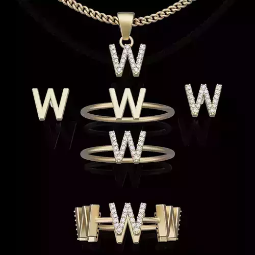 Letter W earring pendant ring  gold  printable jewelry 3D model