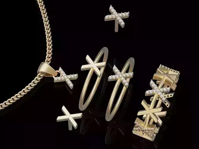 Letter X earring pendant ring  gold  printable jewelry 3D model