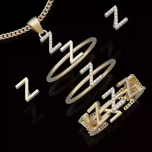 Letter Z earring pendant ring  gold  printable jewelry 3D model