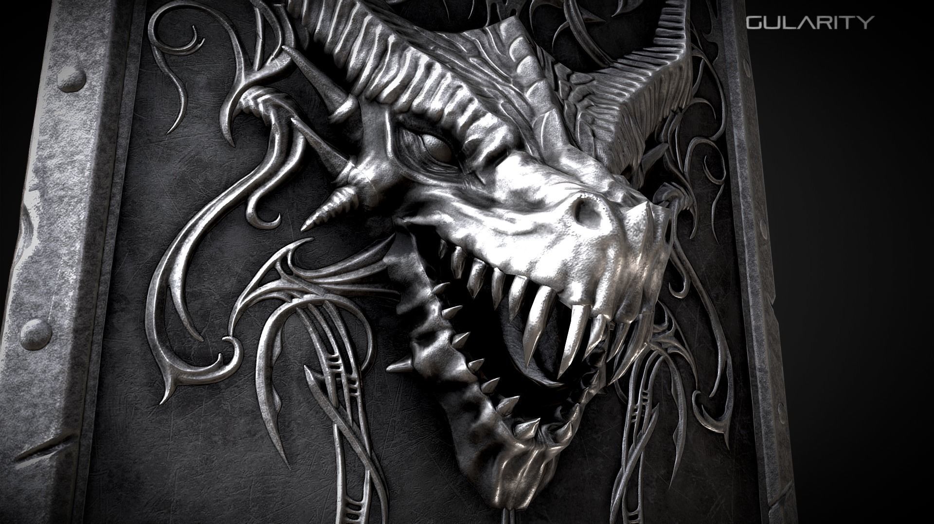 Dragon tower Medieval dark fantasy shield Low-poly 3D model_3