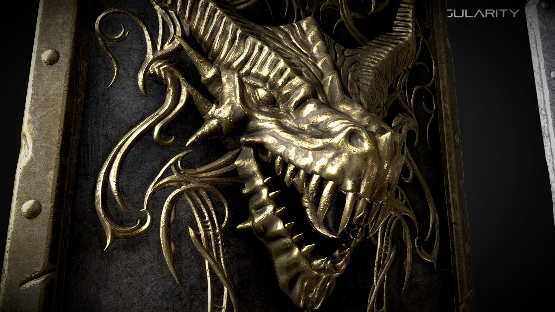 Dragon tower Medieval dark fantasy shield Low-poly 3D model_2