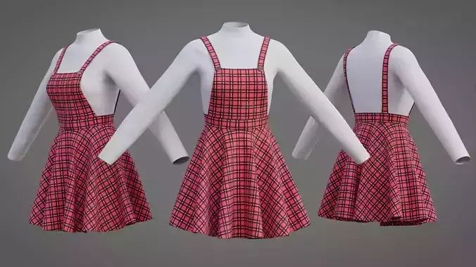 Check dungaree outfit - pinafore dress and sweater 3D model