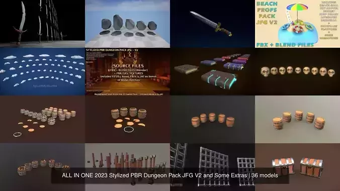 ALL IN ONE 2022 Stylized PBR Dungeon Pack JFG V2 and Some Extras 3D Model Collection
