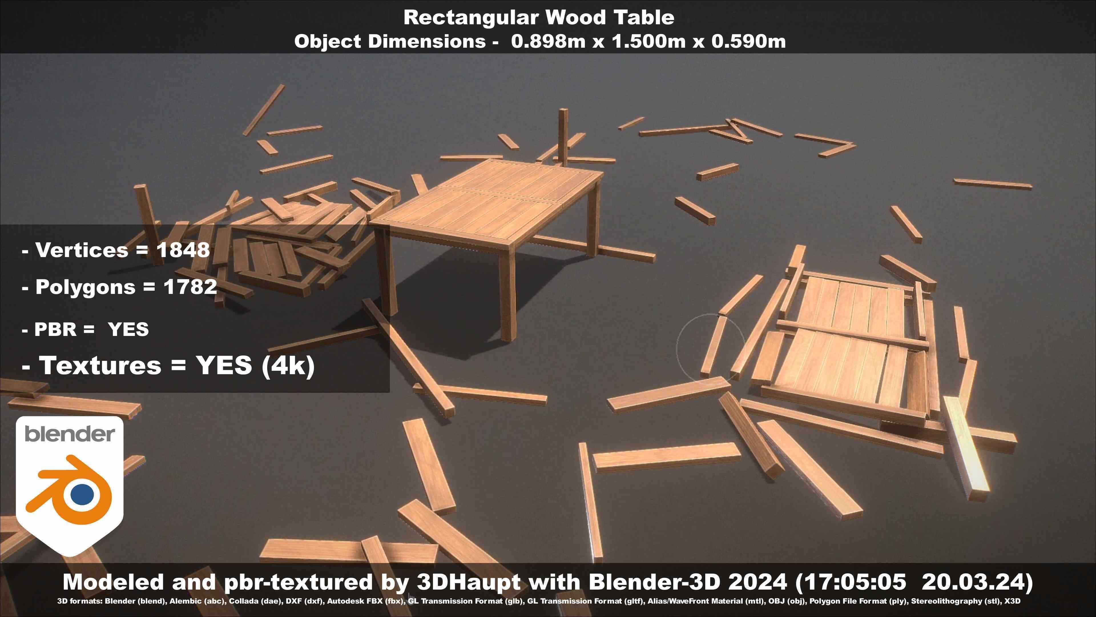Rectangular Wood Table with Destruction Animations Low-poly 3D model_106