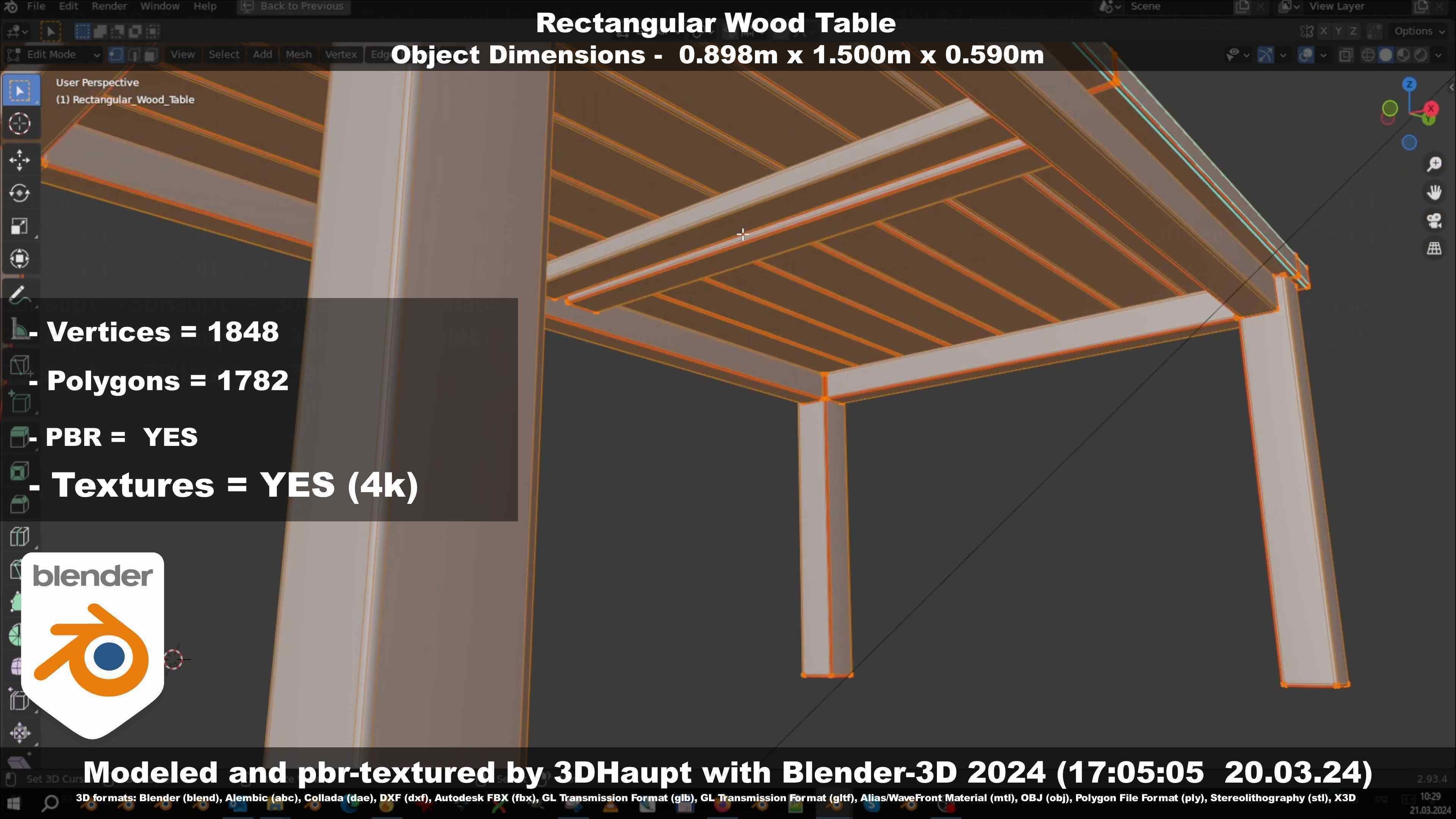 Rectangular Wood Table with Destruction Animations Low-poly 3D model_77