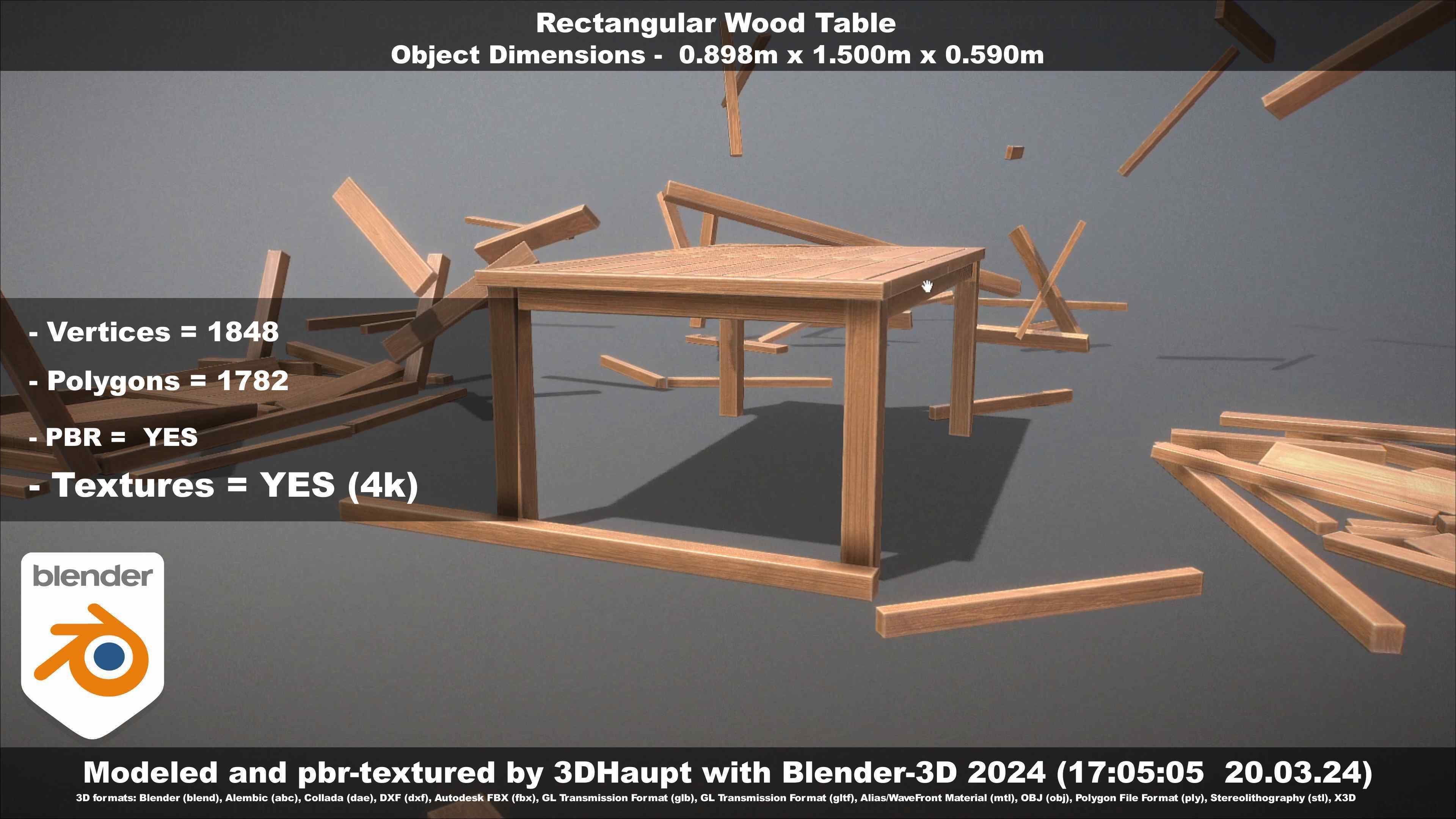 Rectangular Wood Table with Destruction Animations Low-poly 3D model_78