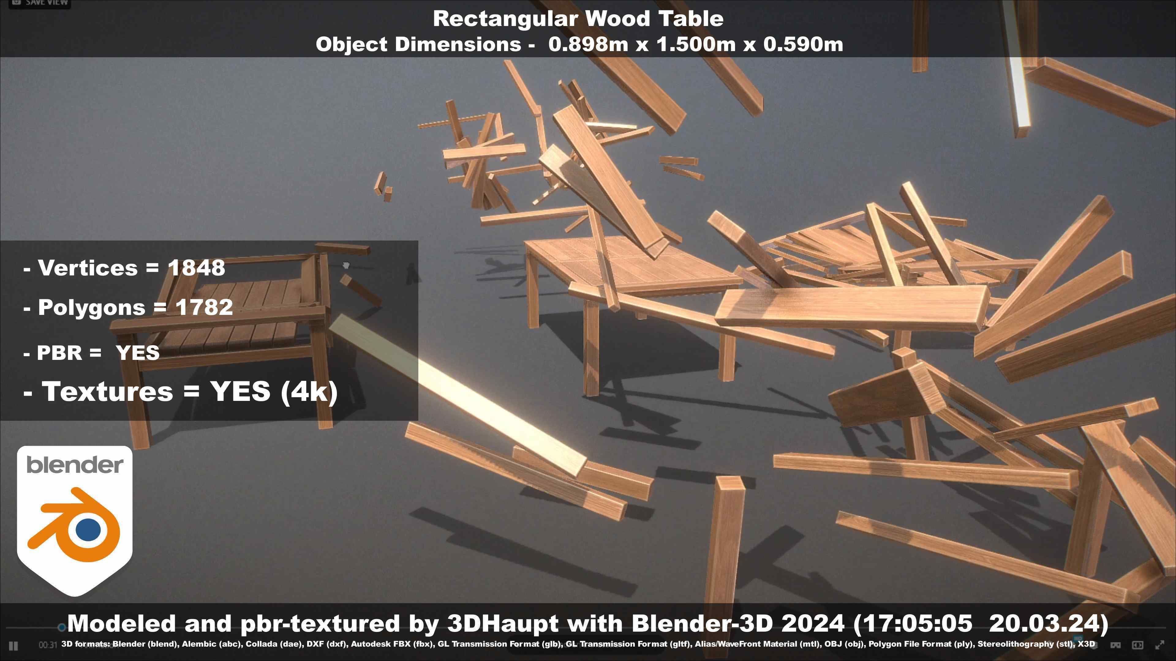 Rectangular Wood Table with Destruction Animations Low-poly 3D model_140