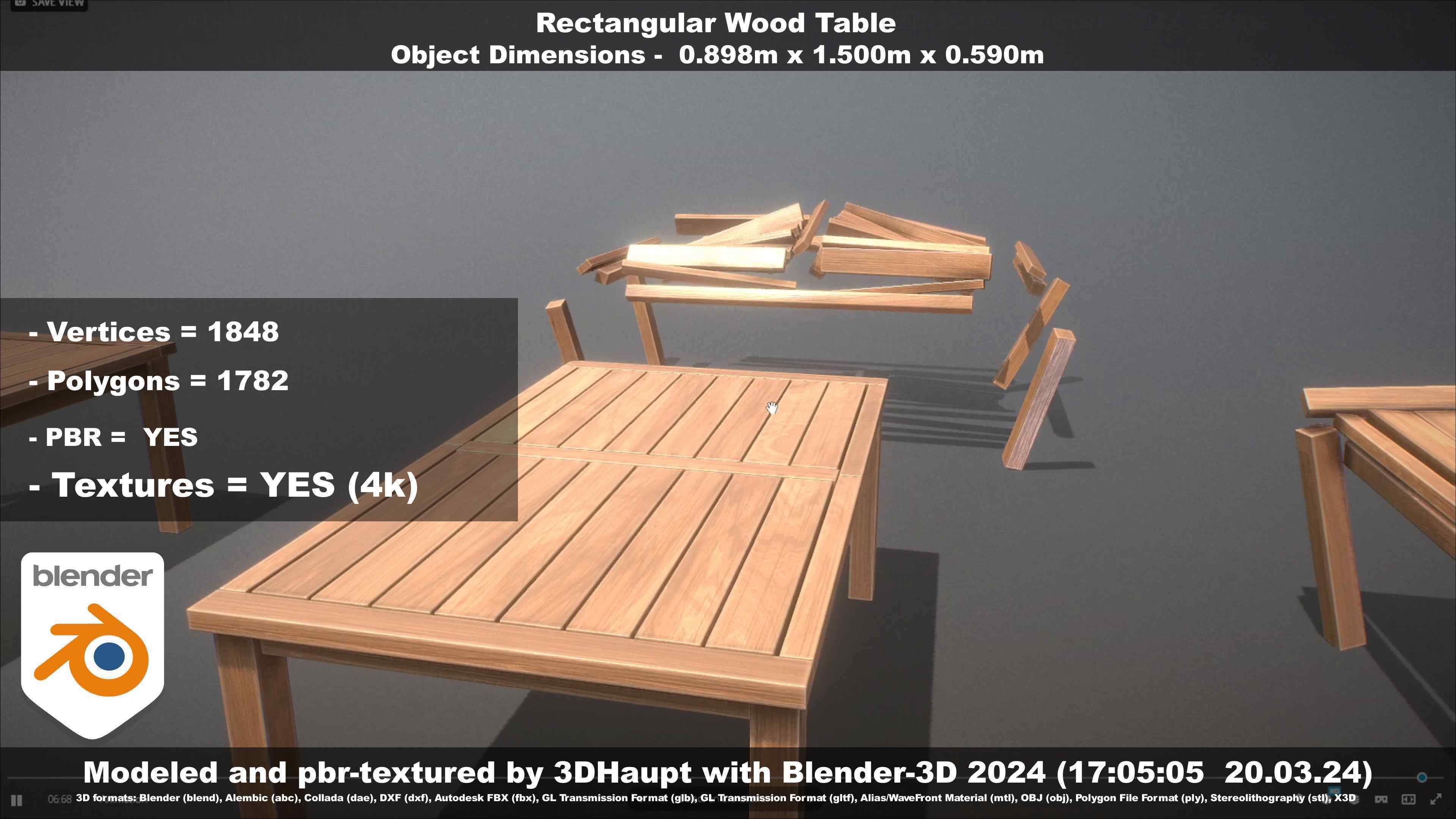 Rectangular Wood Table with Destruction Animations Low-poly 3D model_113