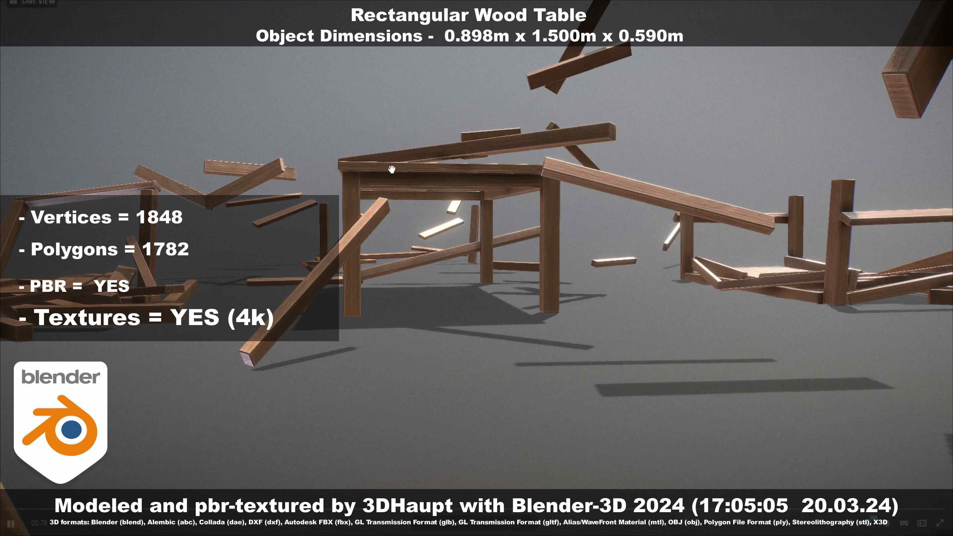 Rectangular Wood Table with Destruction Animations Low-poly 3D model_40