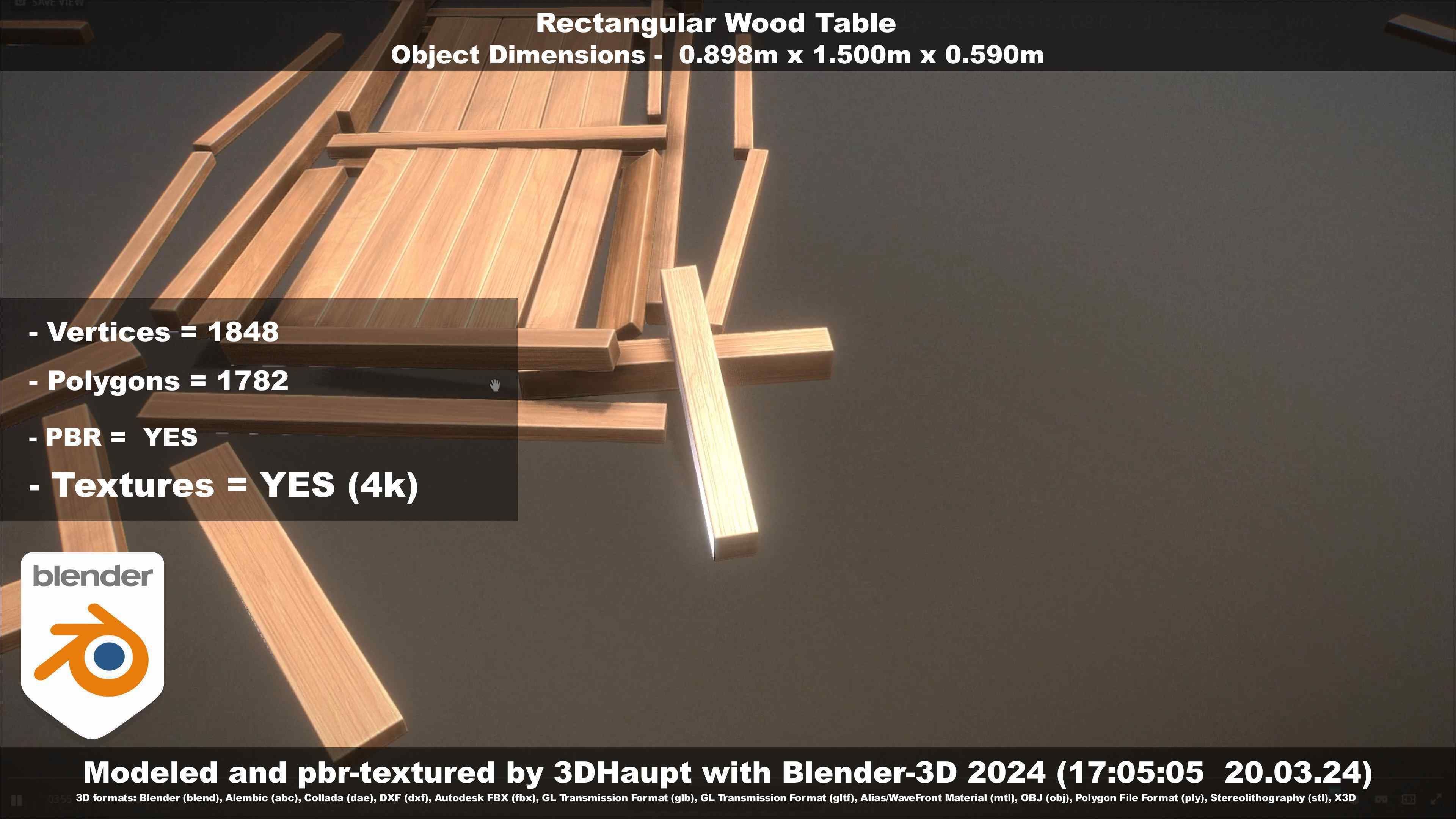 Rectangular Wood Table with Destruction Animations Low-poly 3D model_50