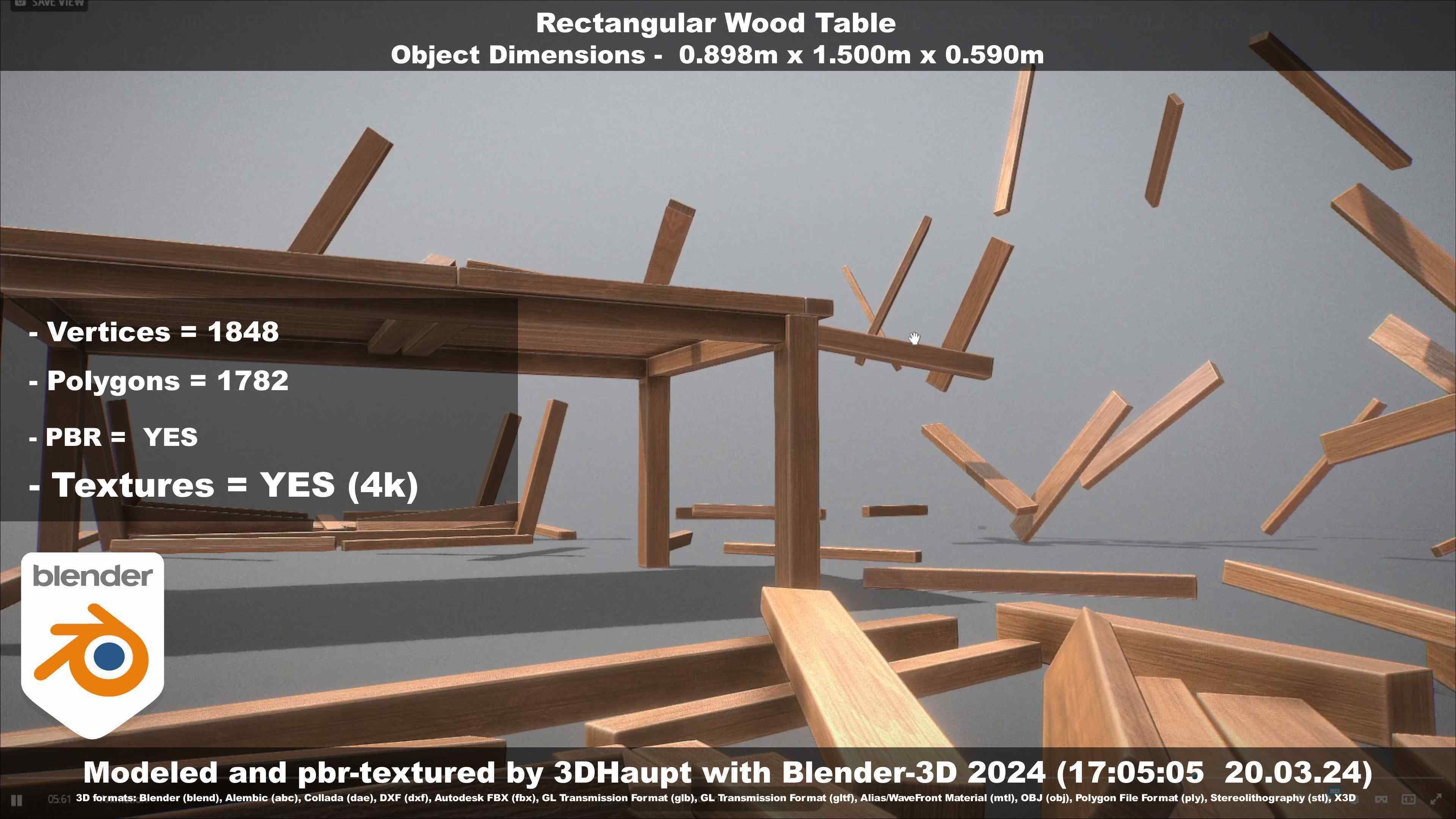 Rectangular Wood Table with Destruction Animations Low-poly 3D model_61