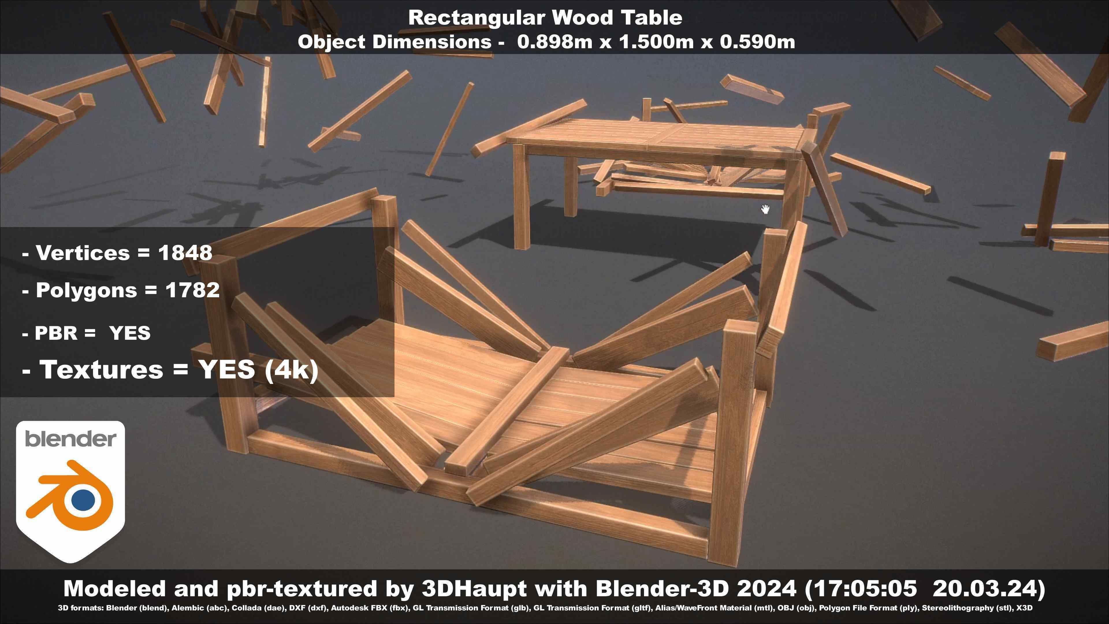 Rectangular Wood Table with Destruction Animations Low-poly 3D model_126