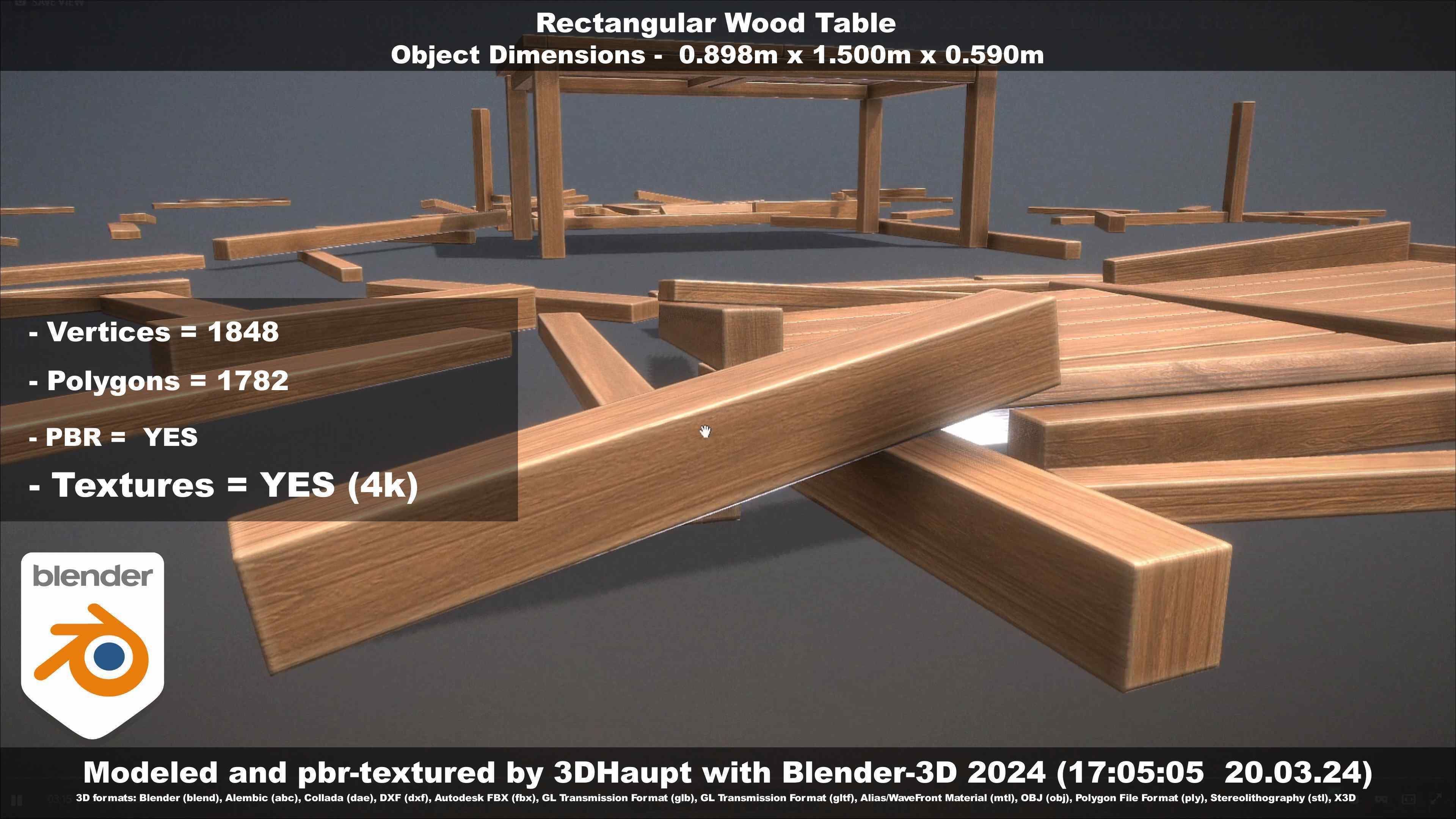 Rectangular Wood Table with Destruction Animations Low-poly 3D model_125