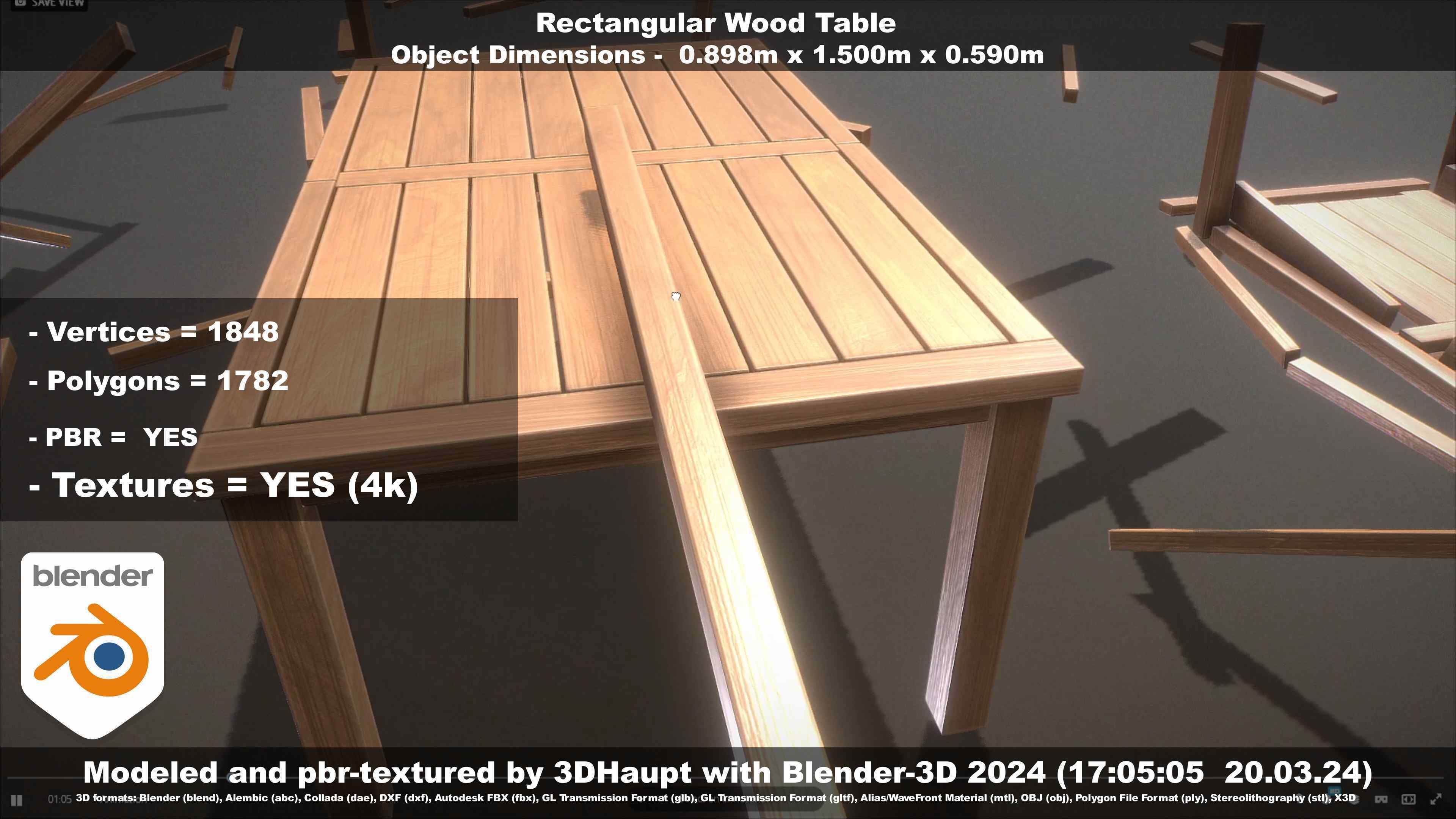 Rectangular Wood Table with Destruction Animations Low-poly 3D model_58