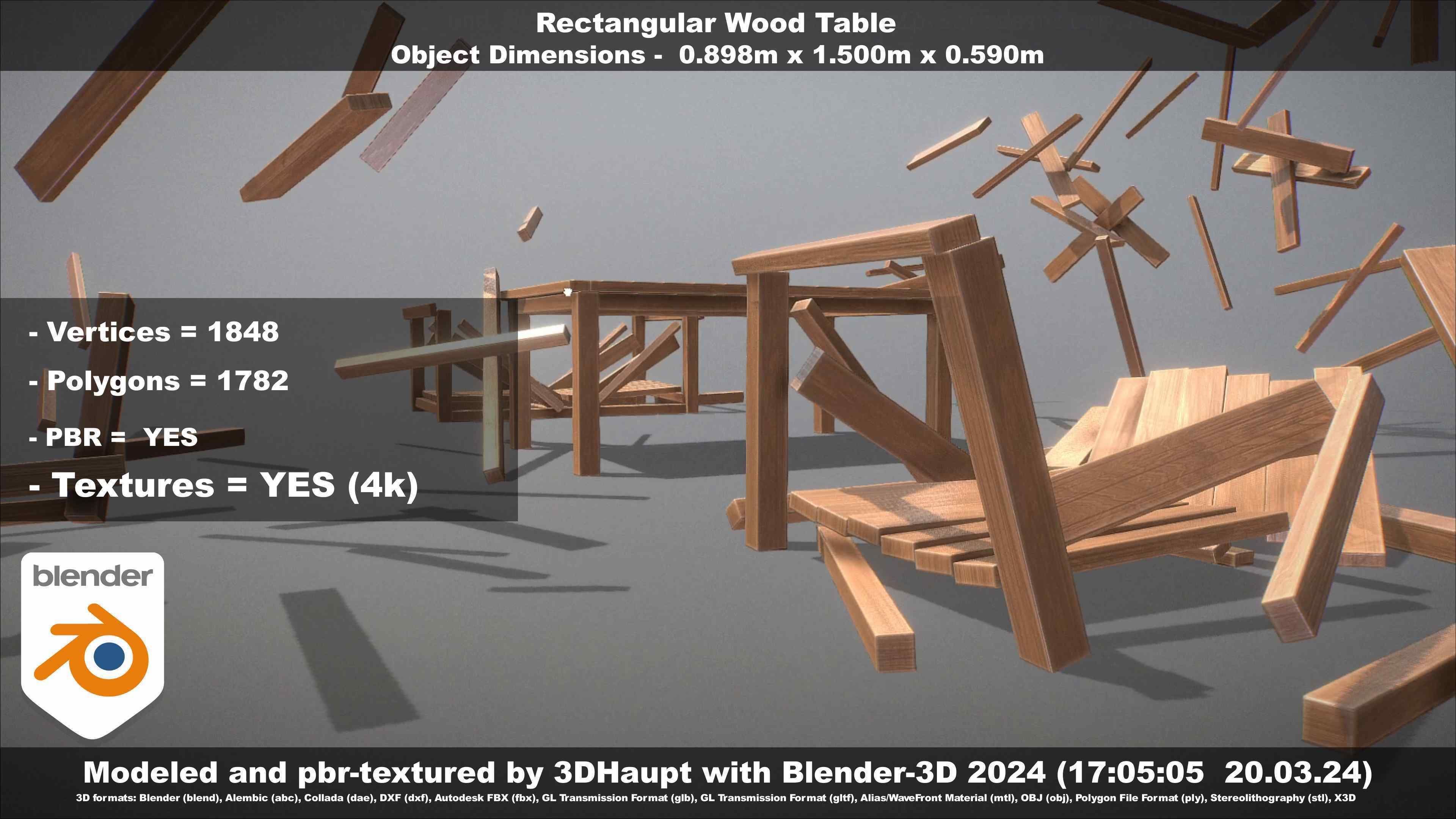 Rectangular Wood Table with Destruction Animations Low-poly 3D model_137