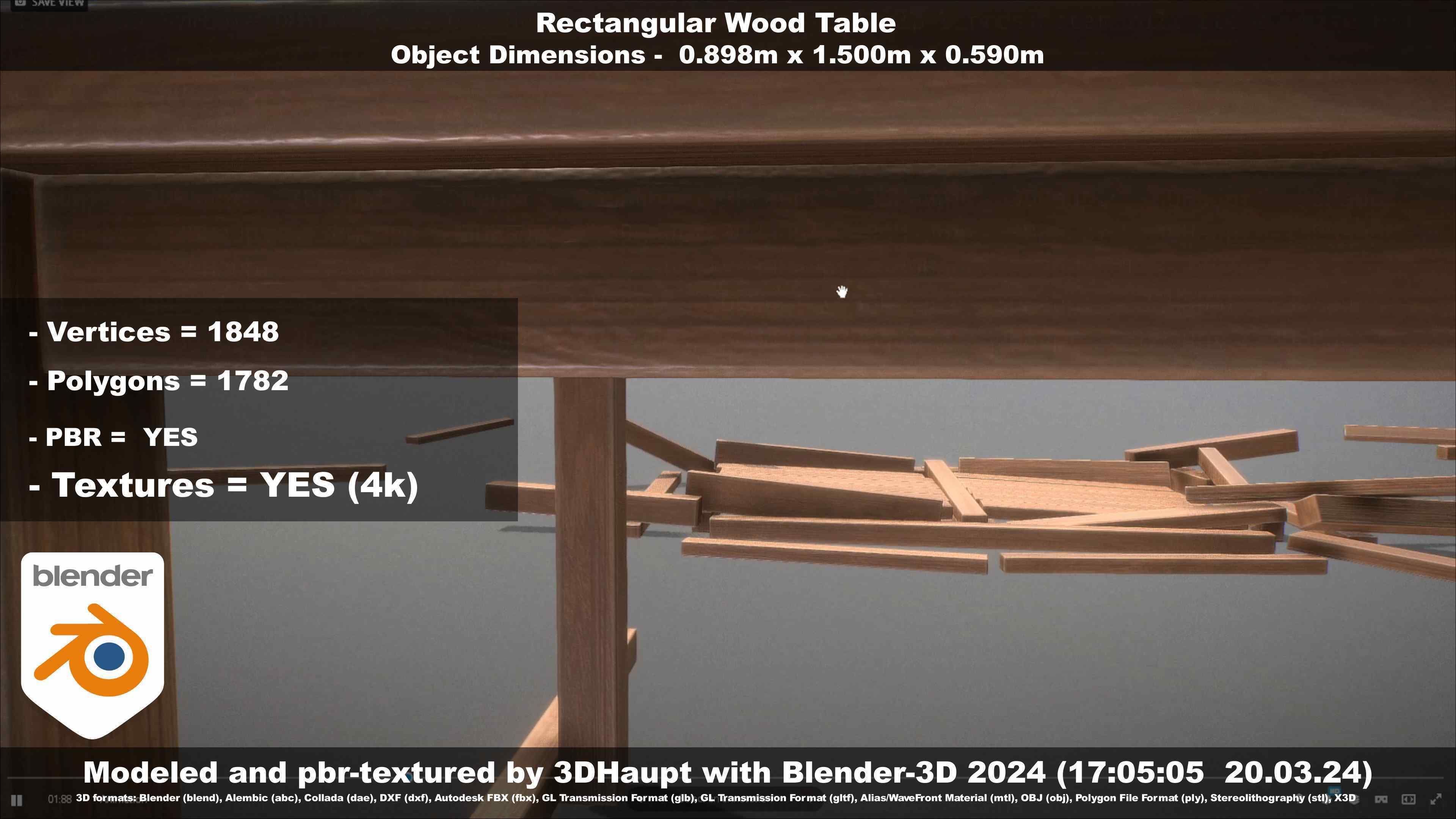 Rectangular Wood Table with Destruction Animations Low-poly 3D model_45