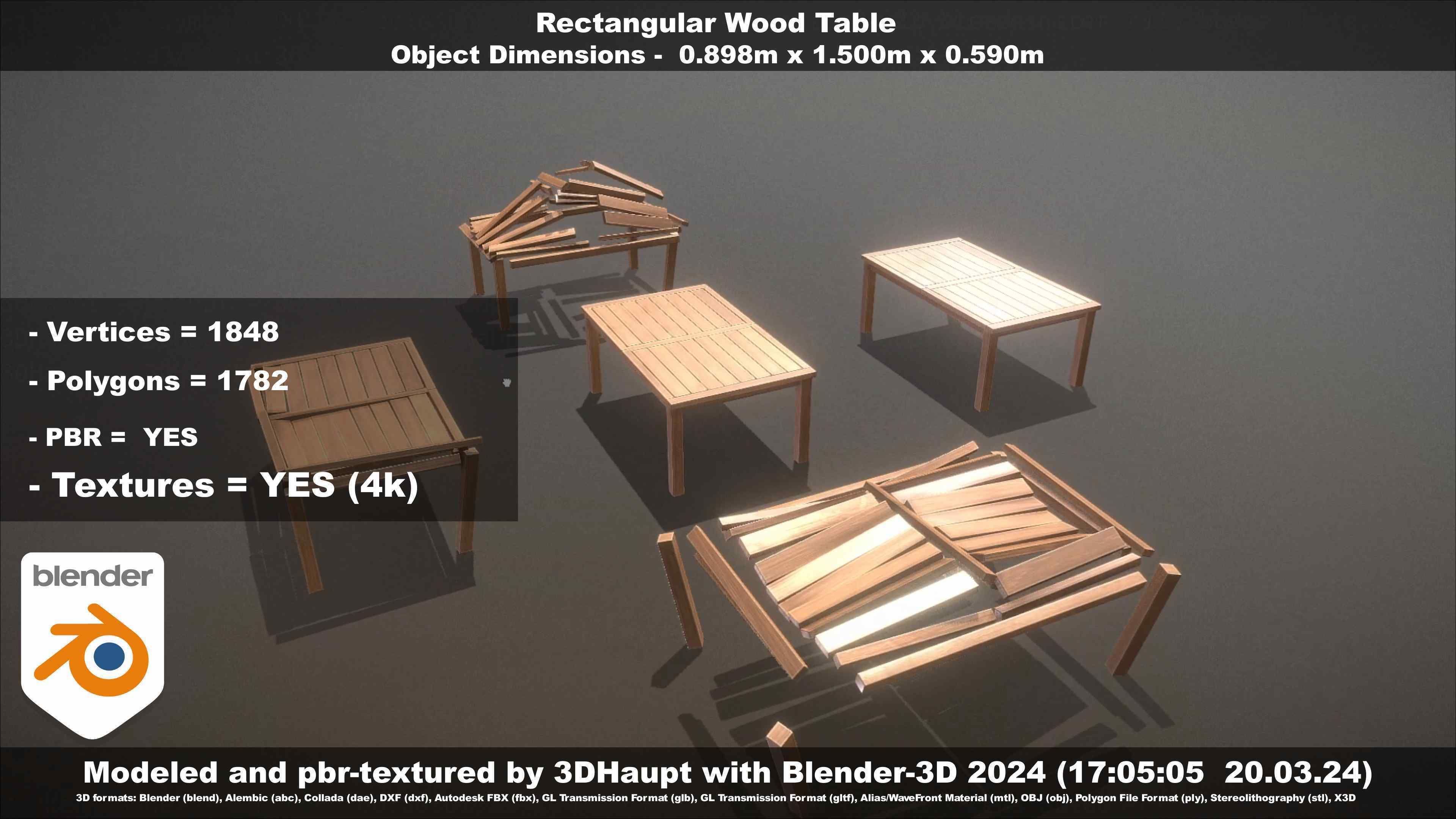 Rectangular Wood Table with Destruction Animations Low-poly 3D model_132