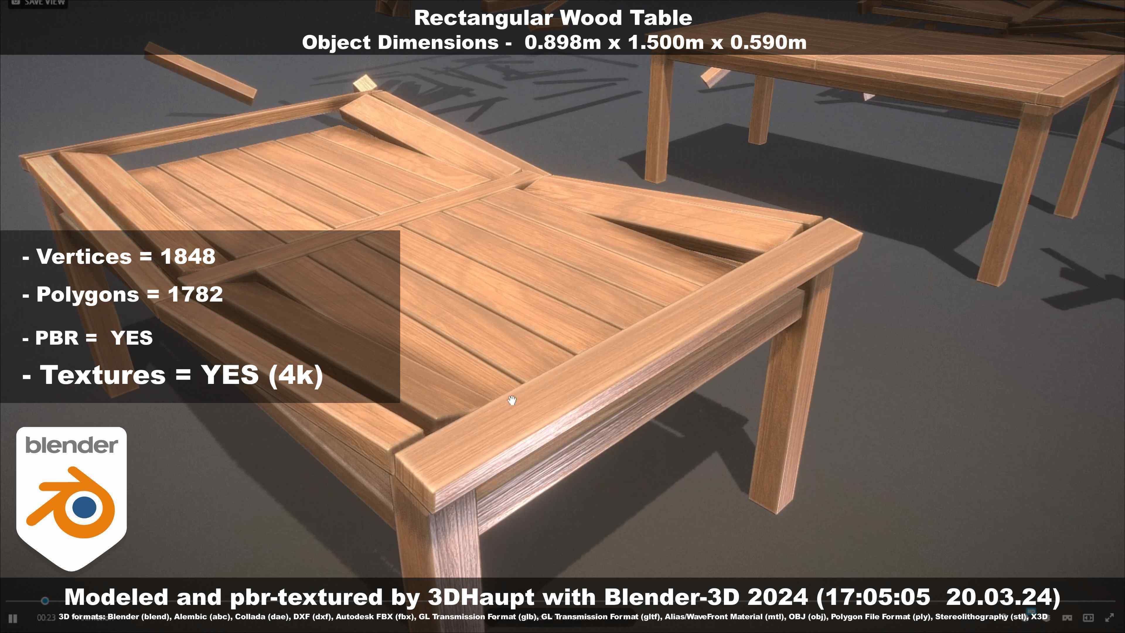 Rectangular Wood Table with Destruction Animations Low-poly 3D model_129