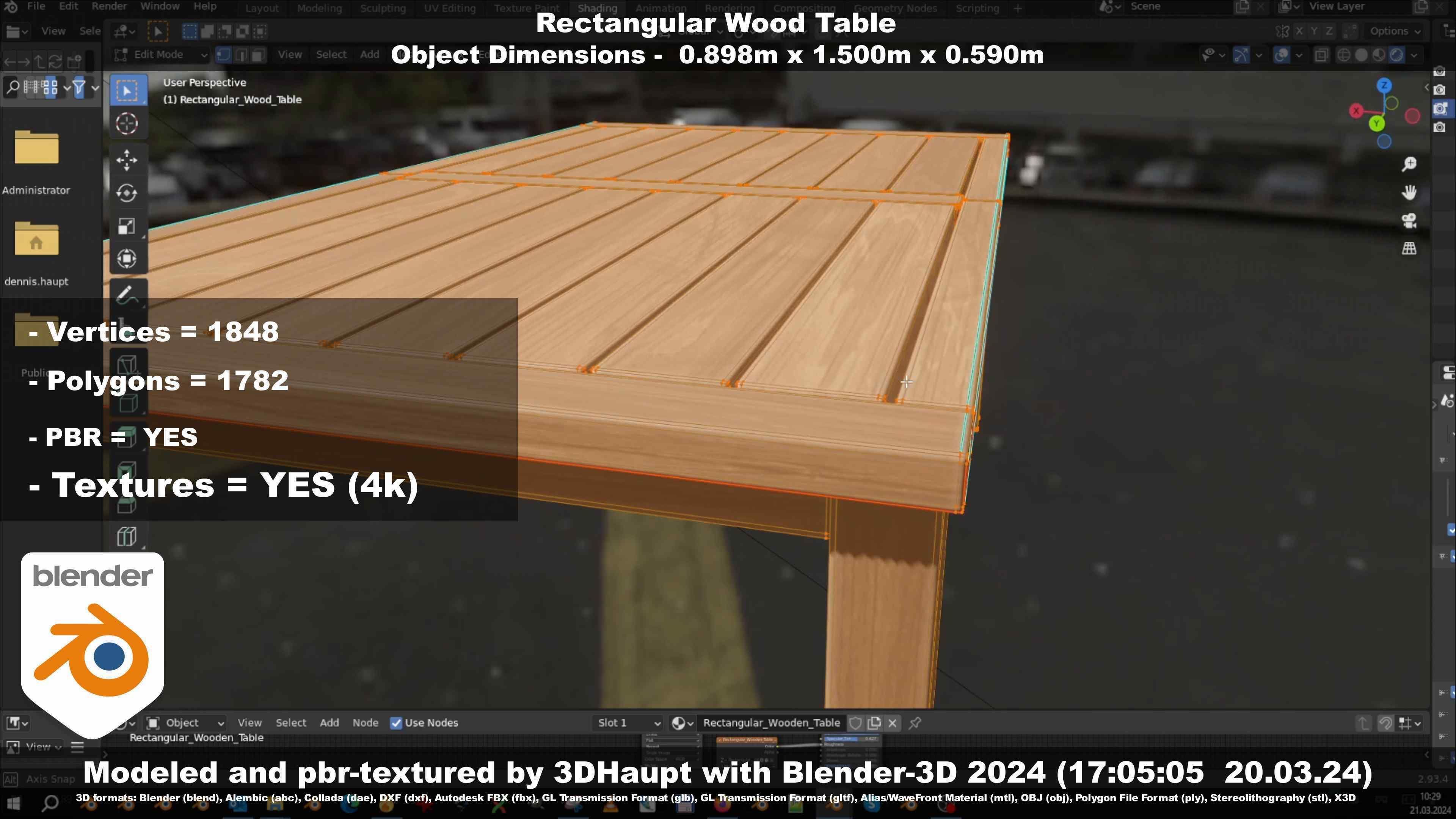 Rectangular Wood Table with Destruction Animations Low-poly 3D model_95