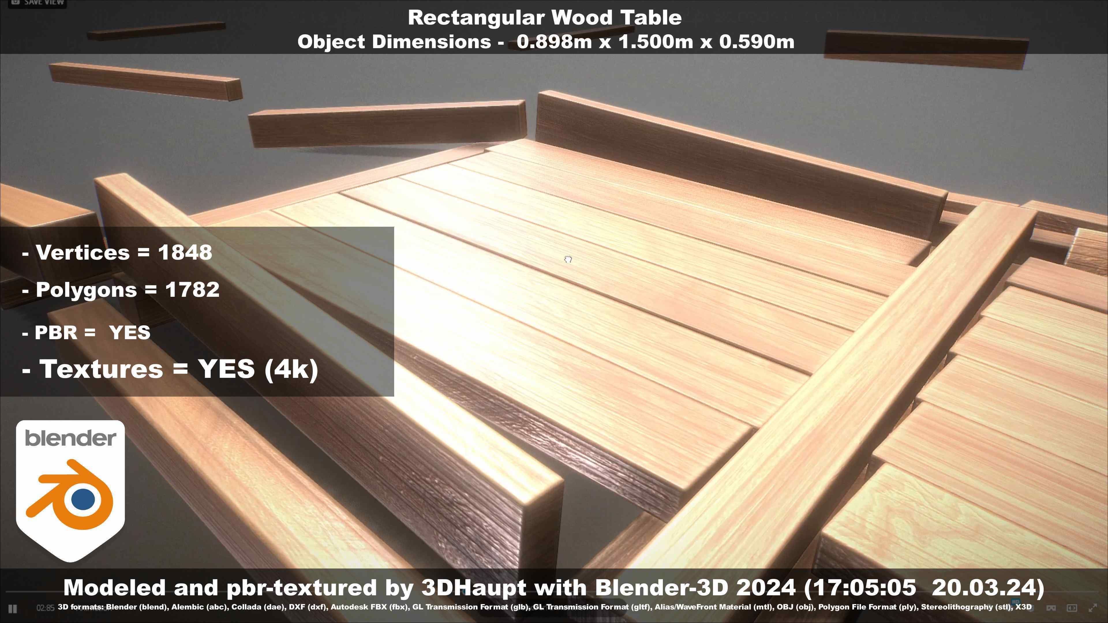 Rectangular Wood Table with Destruction Animations Low-poly 3D model_56