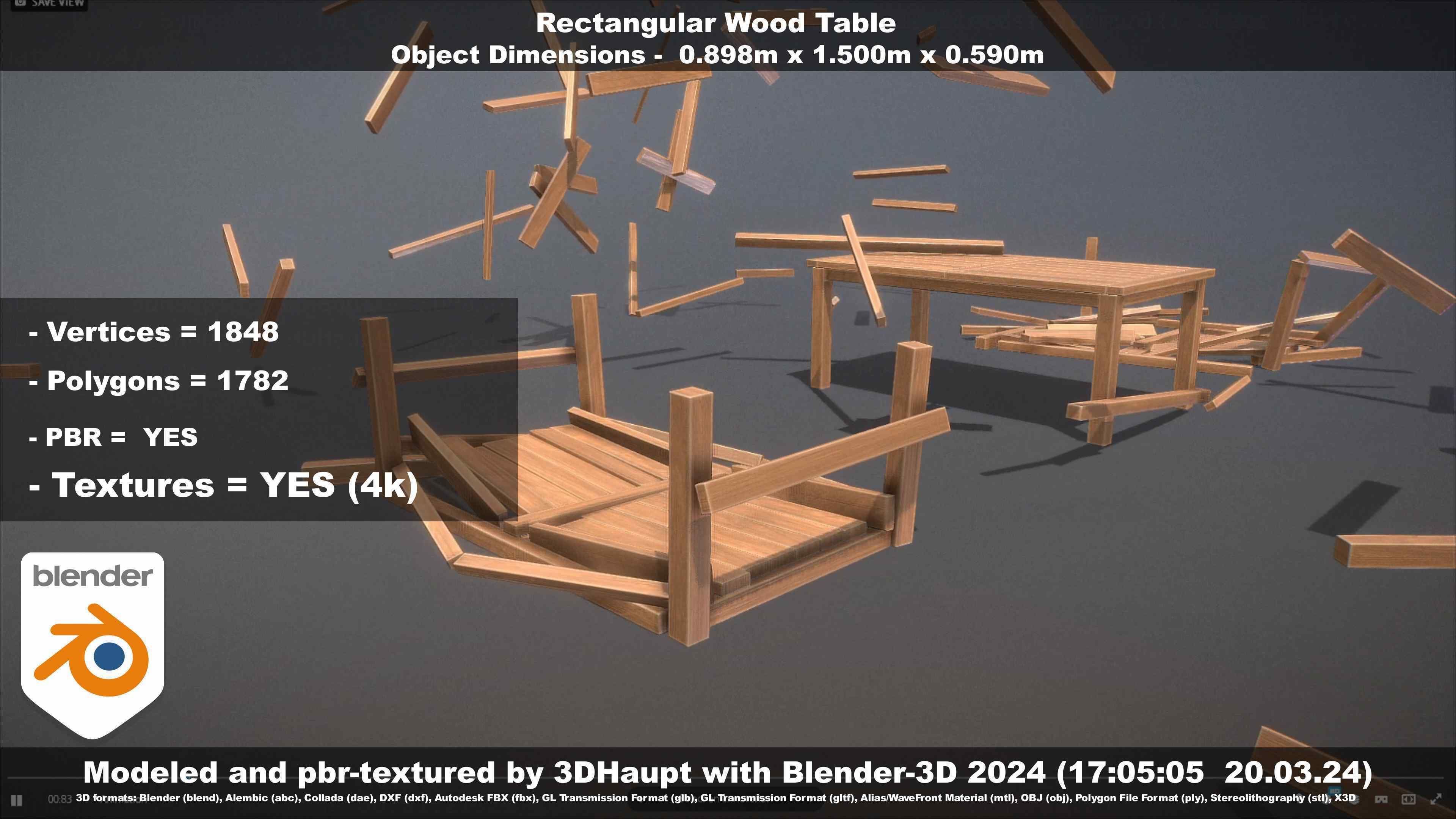 Rectangular Wood Table with Destruction Animations Low-poly 3D model_28