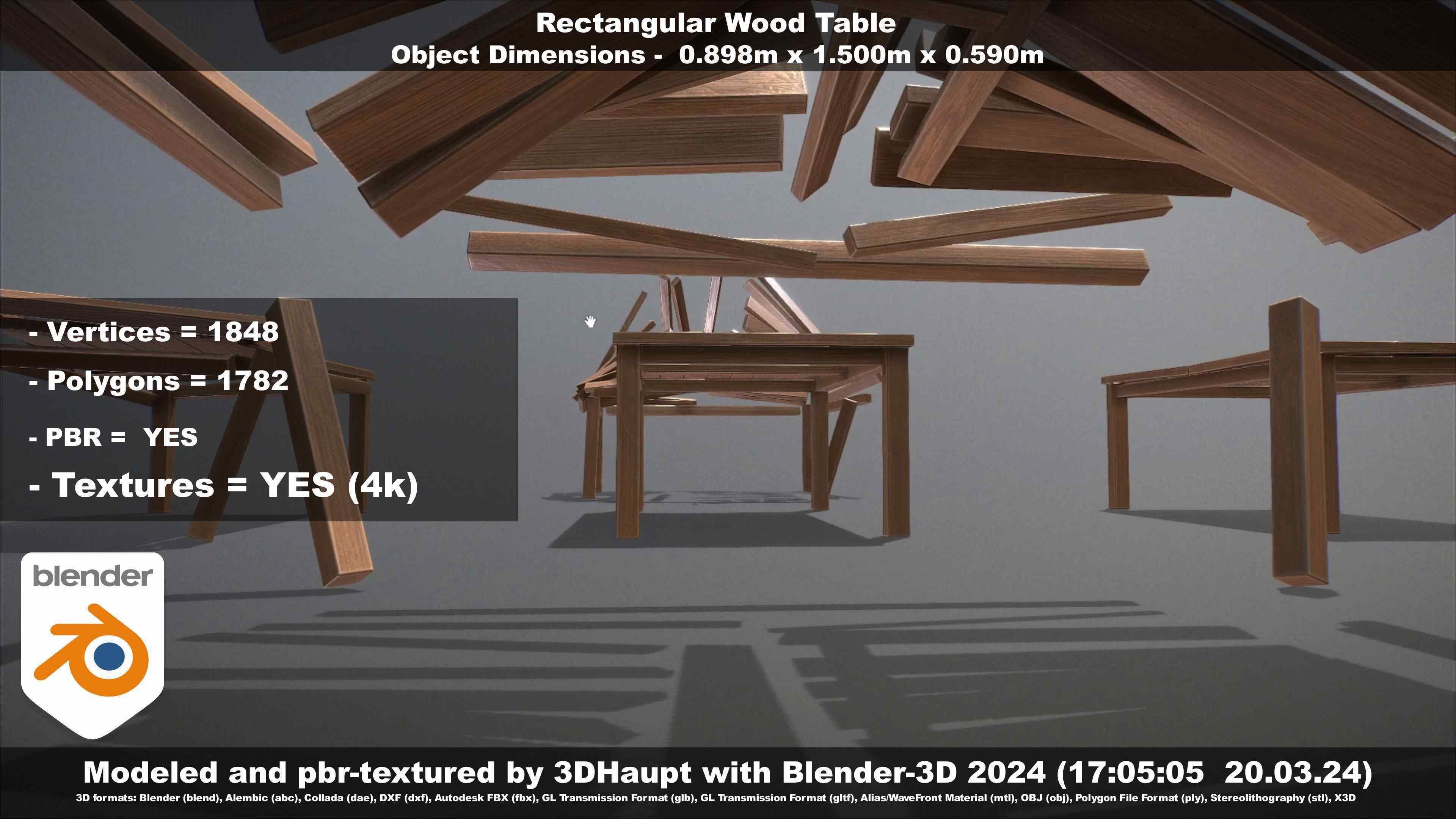Rectangular Wood Table with Destruction Animations Low-poly 3D model_20