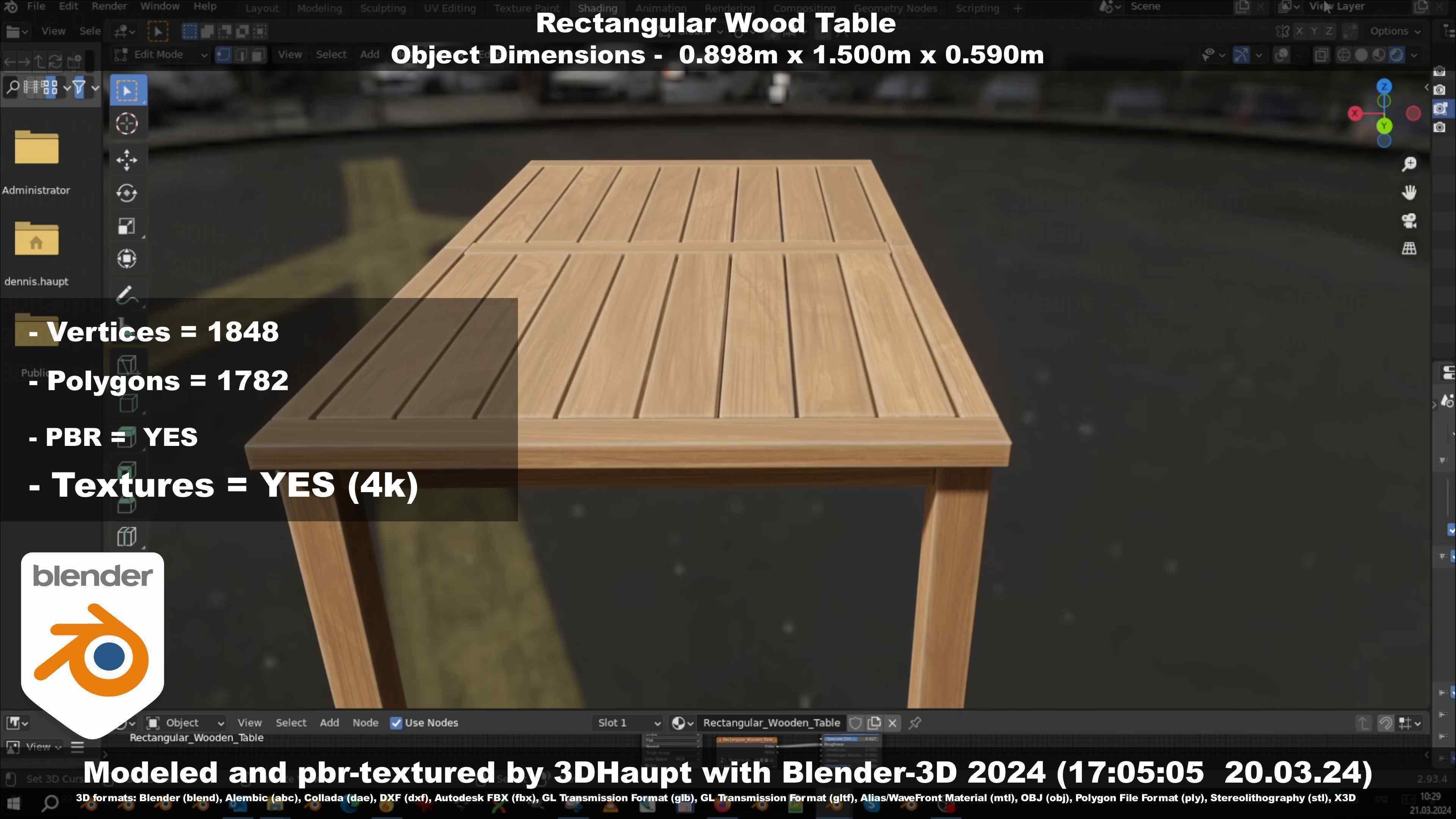 Rectangular Wood Table with Destruction Animations Low-poly 3D model_34