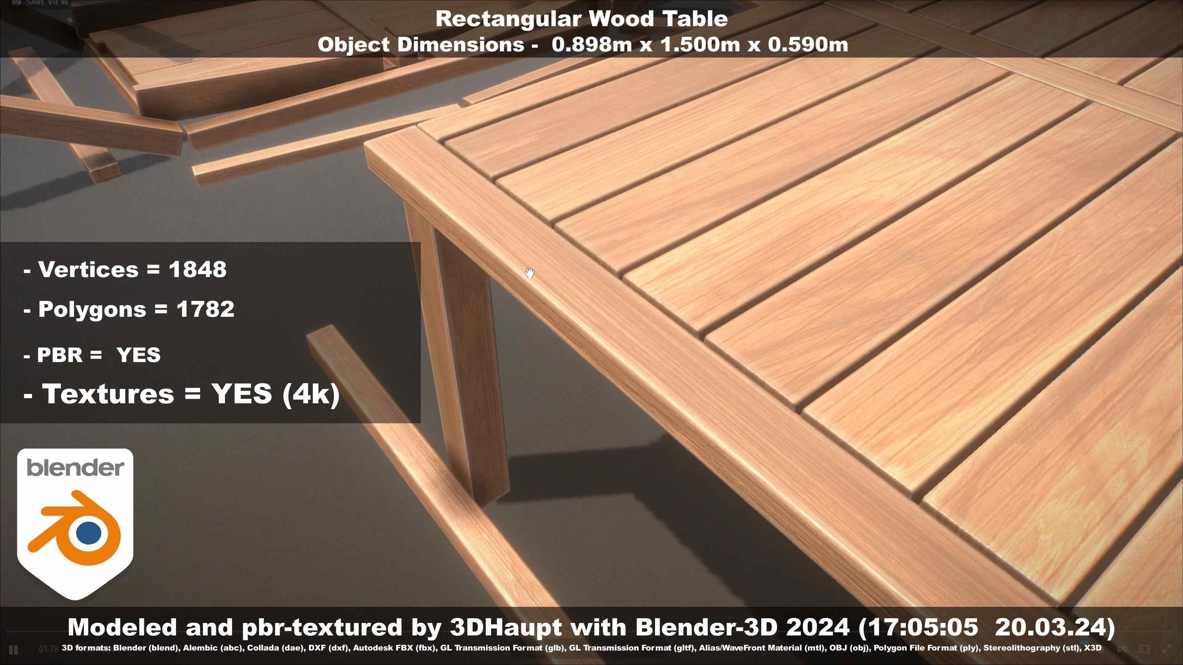 Rectangular Wood Table with Destruction Animations Low-poly 3D model_60