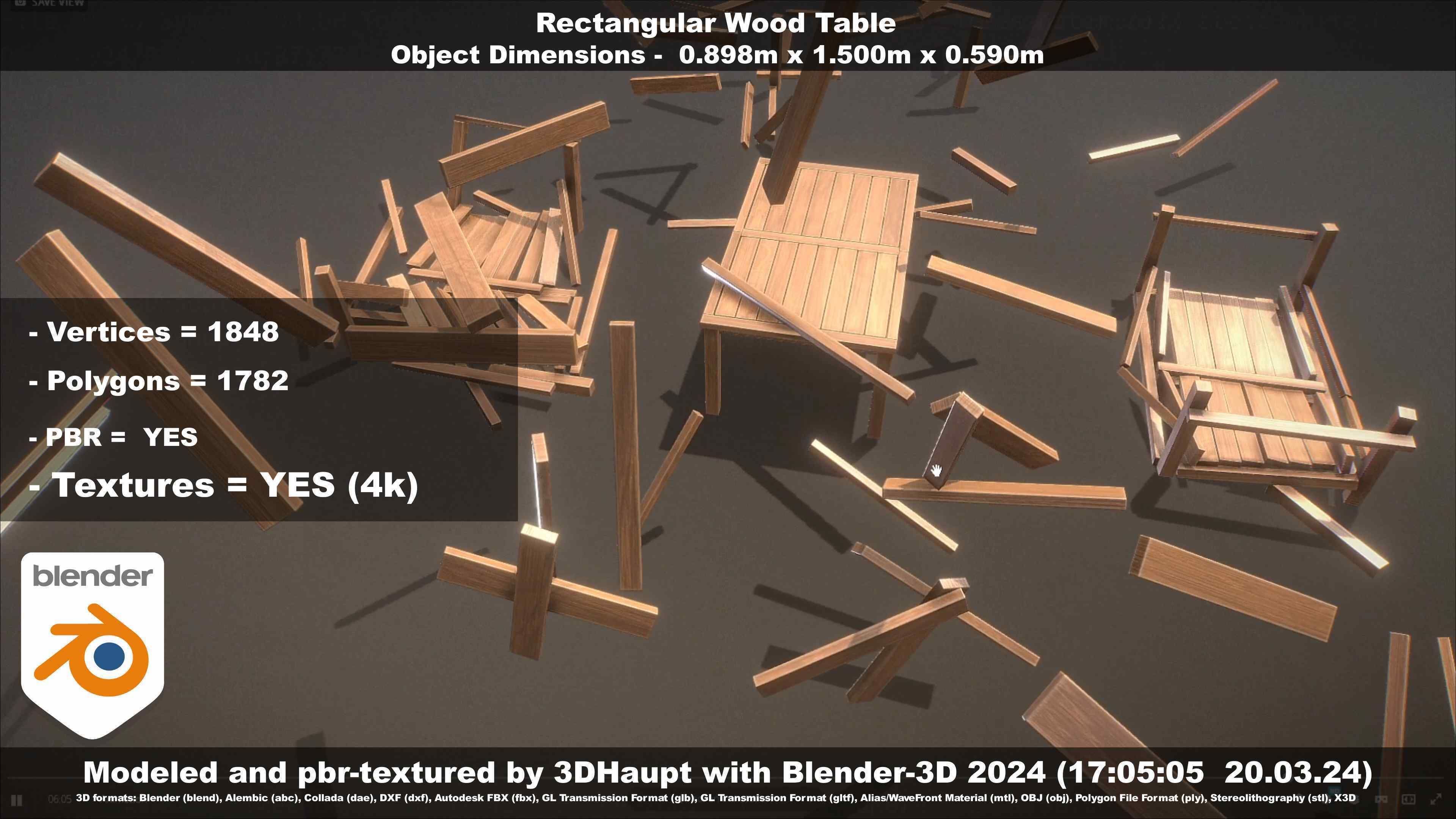 Rectangular Wood Table with Destruction Animations Low-poly 3D model_134