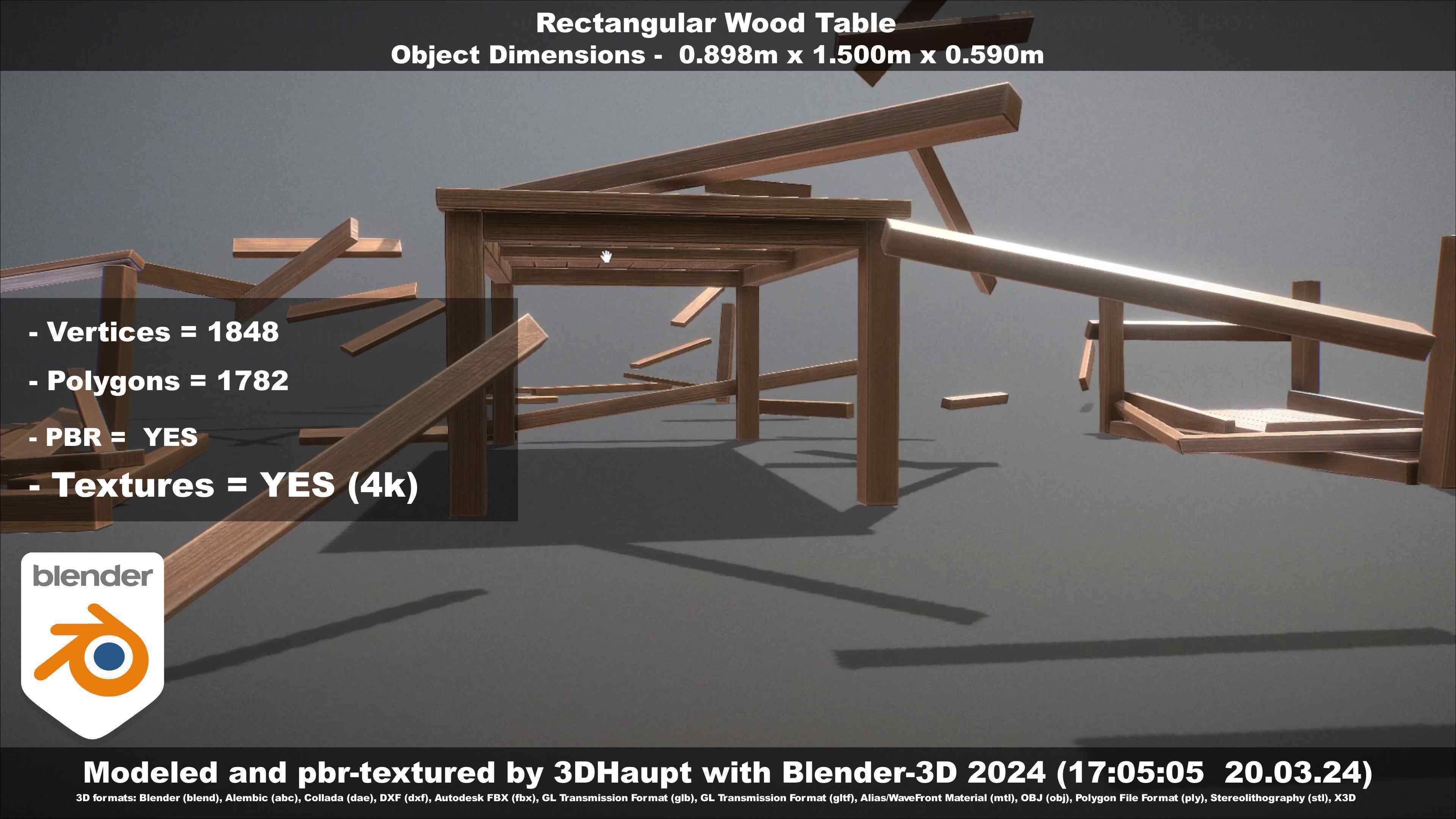 Rectangular Wood Table with Destruction Animations Low-poly 3D model_130