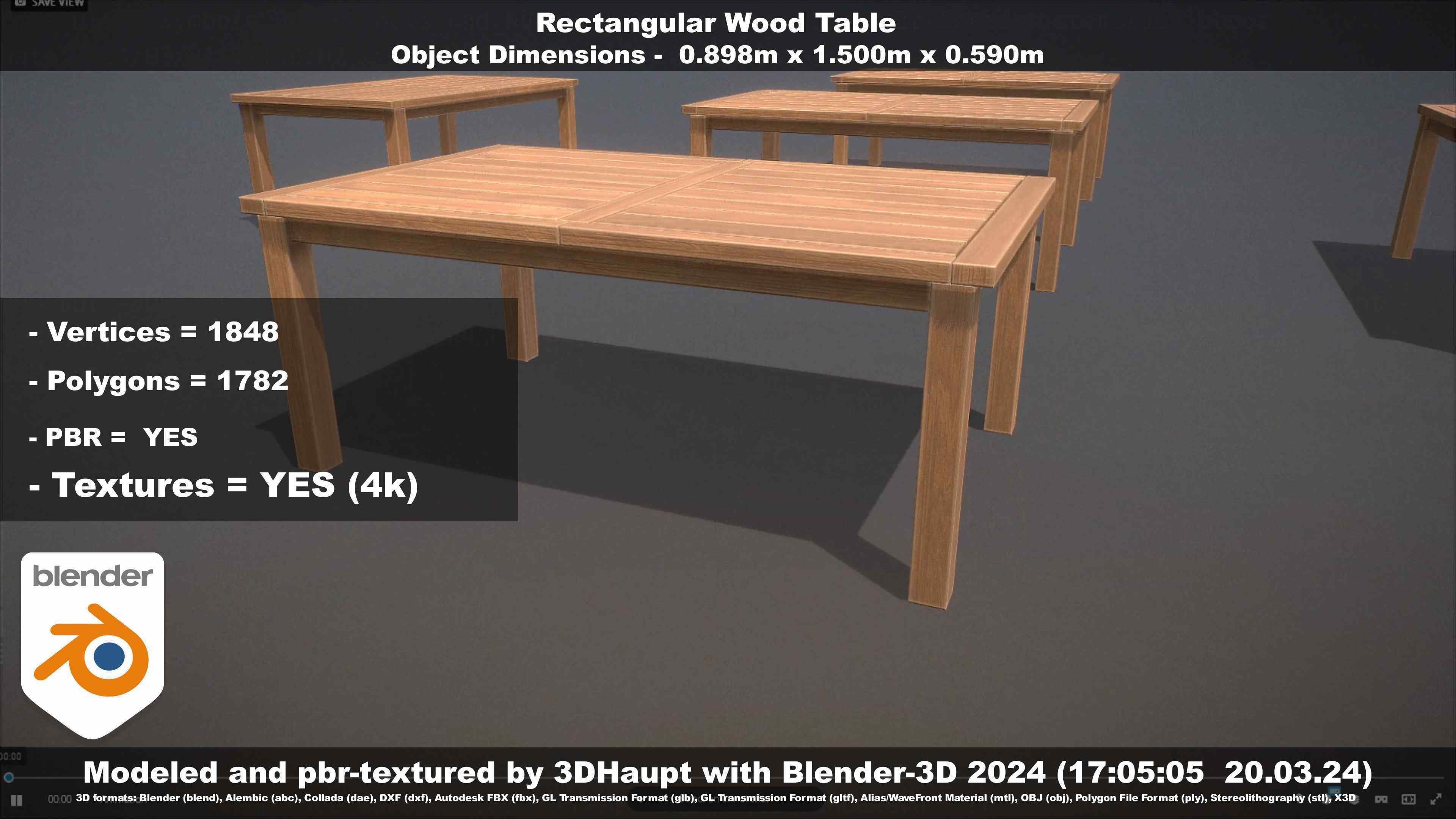 Rectangular Wood Table with Destruction Animations Low-poly 3D model_116