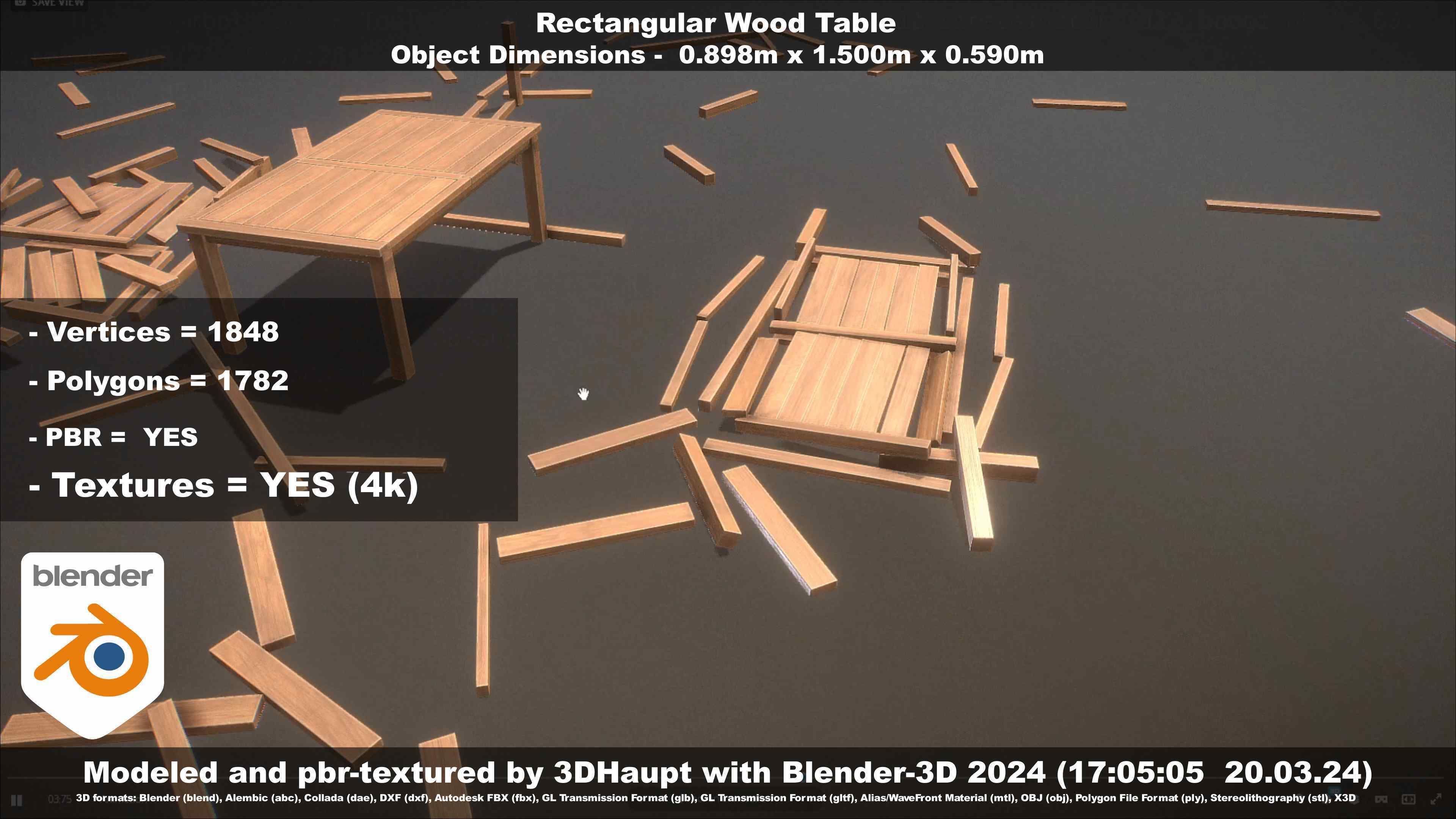 Rectangular Wood Table with Destruction Animations Low-poly 3D model_114